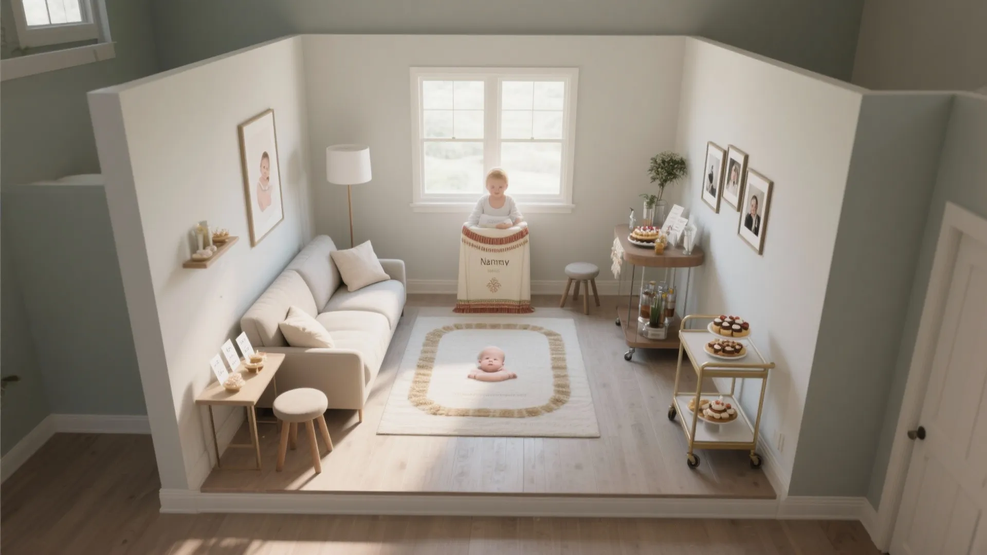 Top down interior design drawing of baby nursery room with sofa rug food carts and window