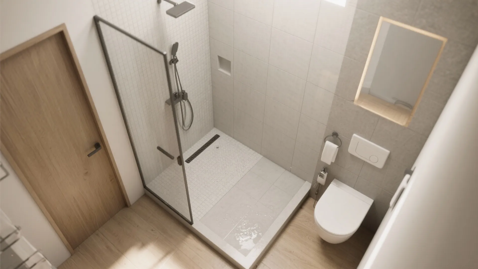 Top view interior design drawing of small bathroom with shower glass door toilet and mirror
