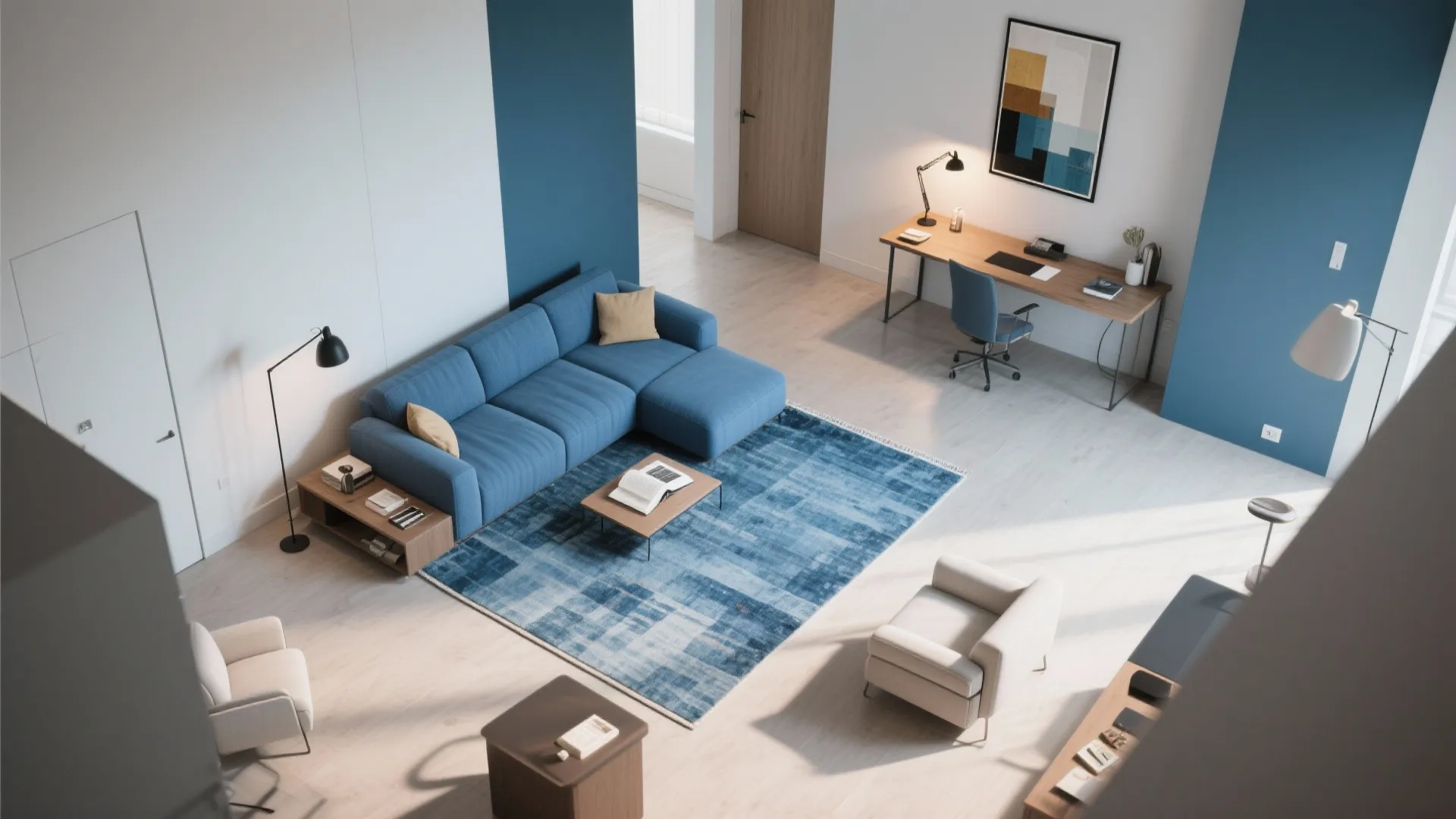 Open-Plan Zoning With Rugs + Layers of Light (Blue Sectional)