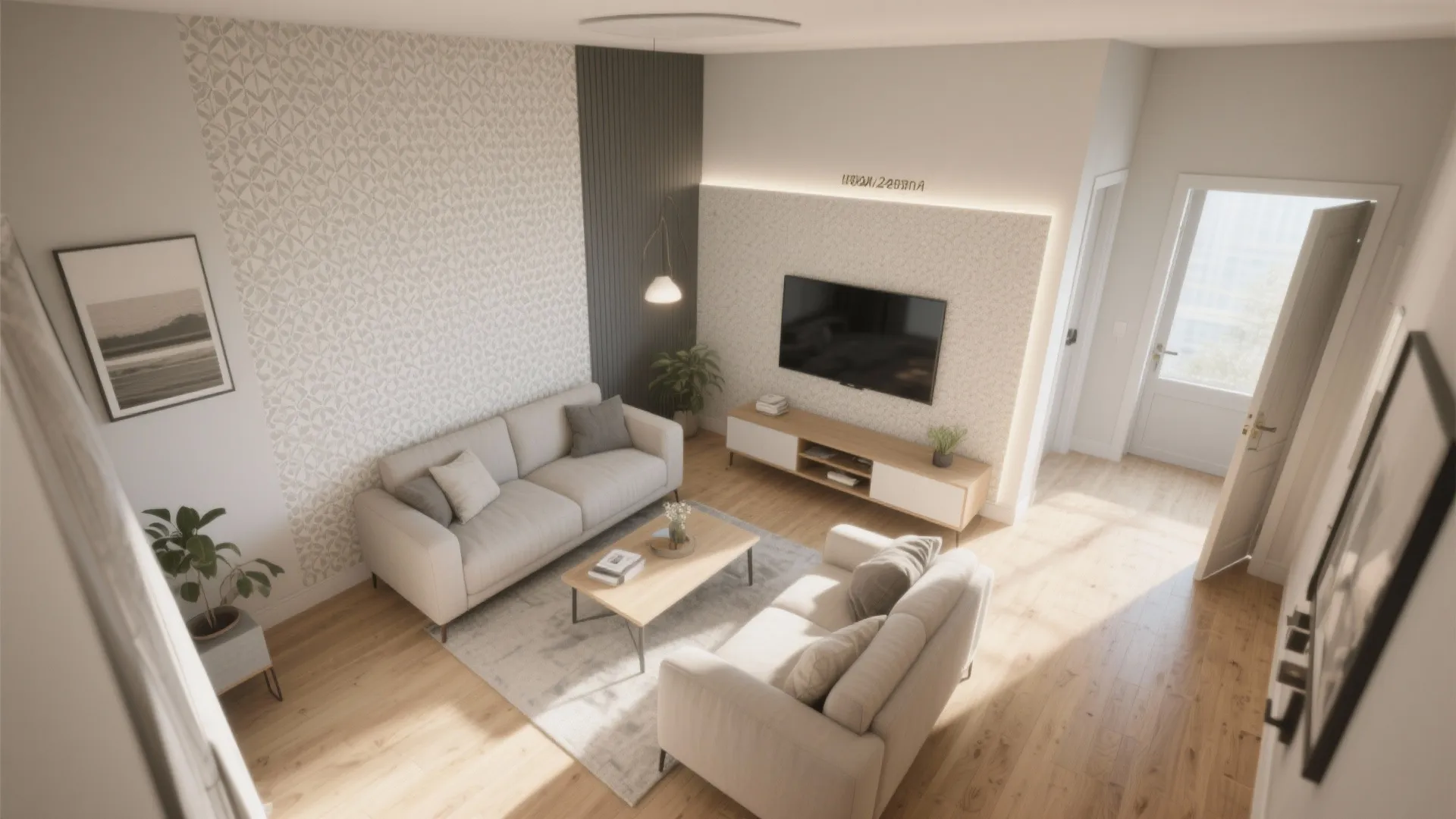Modern living room with beige sofas wooden coffee table television cabinet and patterned wallpaper design layout