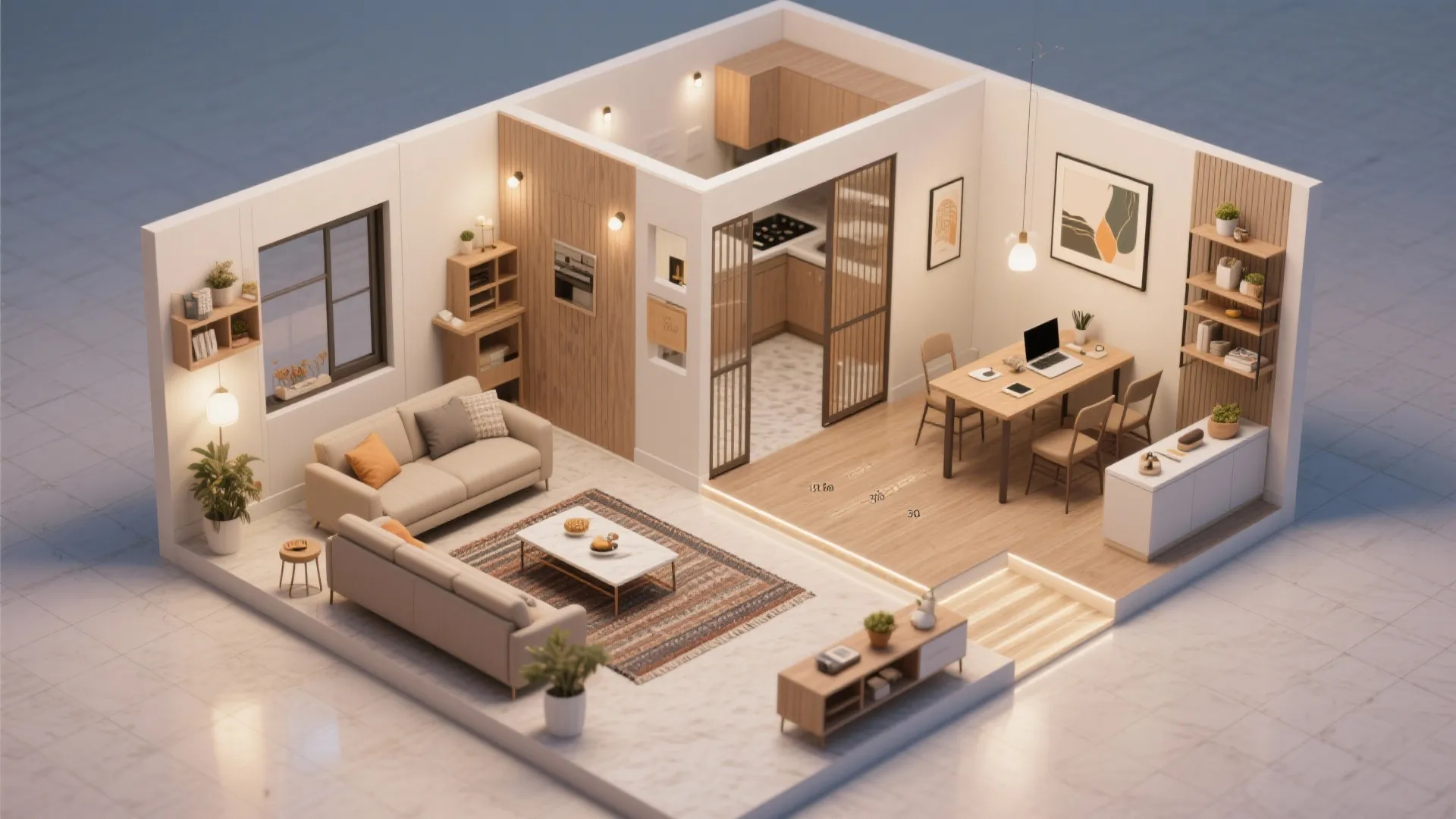 Interior design drawing of a modern apartment layout with living room kitchen and dining area