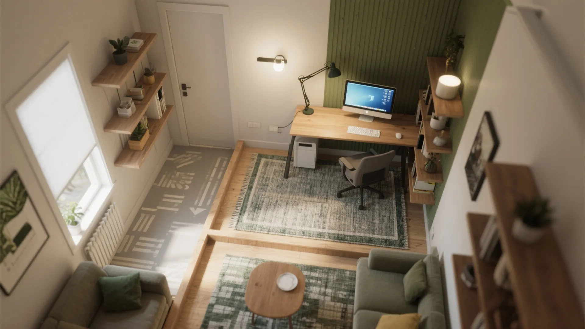 Top down interior design drawing showing a home office area and living room with wooden furniture