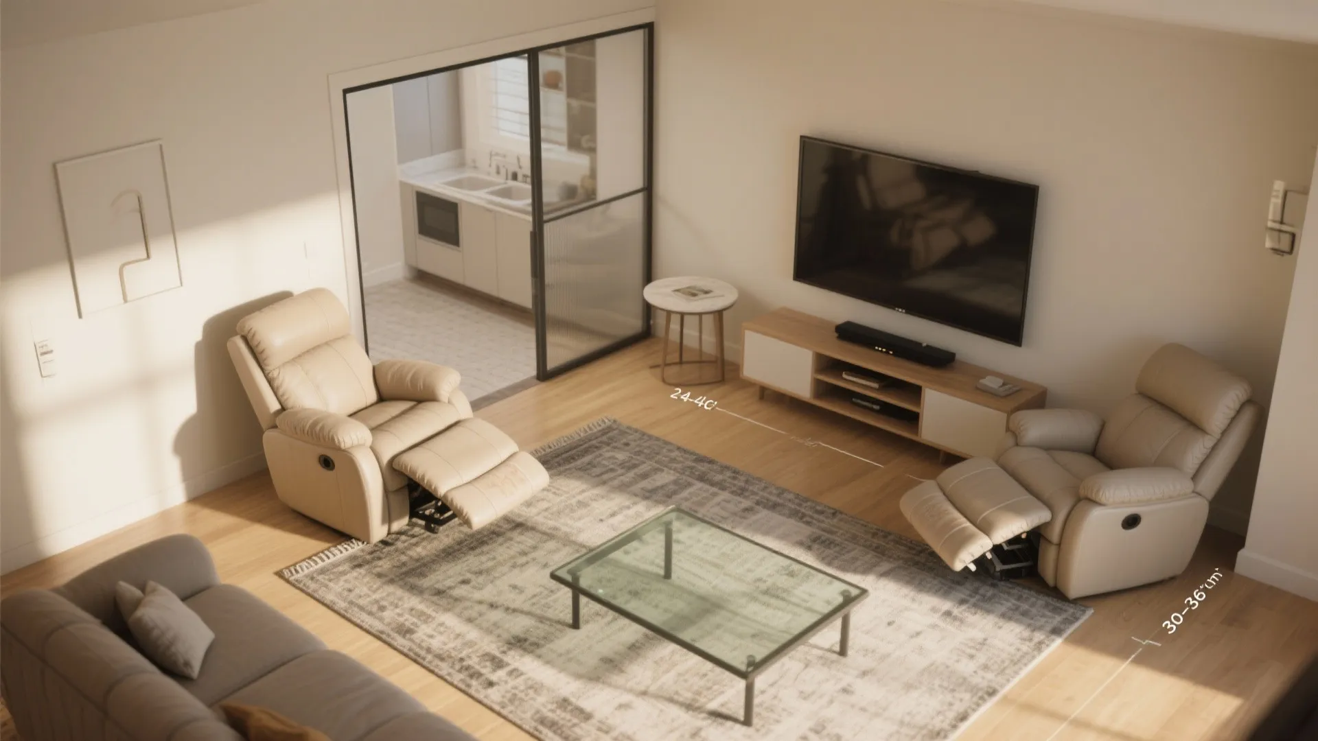 Modern living room with beige recliner chairs glass coffee table grey rug and television unit