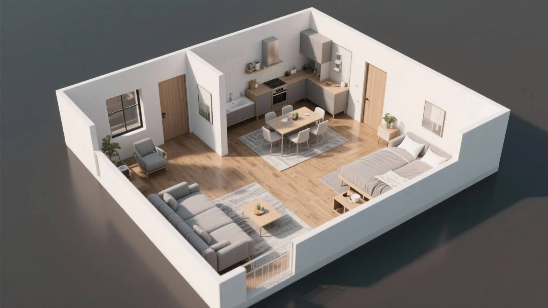 Interior design drawing of a studio apartment with kitchen dining area living room and bed