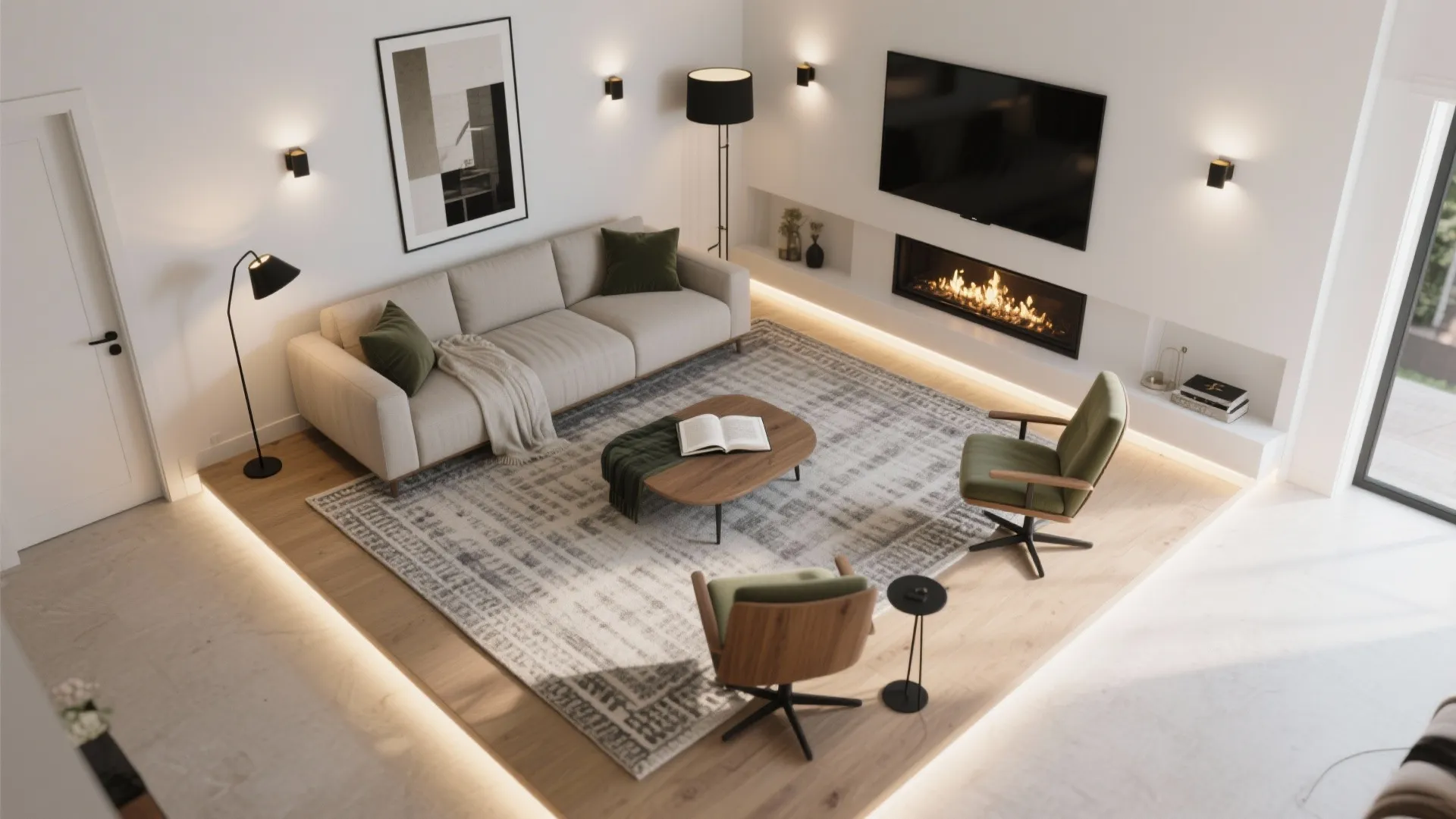 Zone the room: rugs, swivels, and layered light