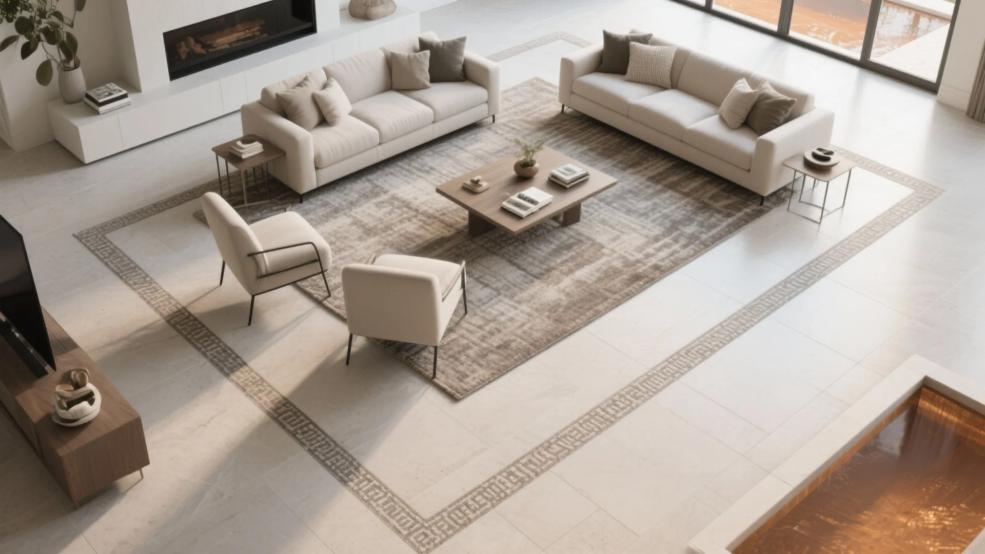 Textured Tiles and Subtle Zoning (Rugs, Inlays, and Light)