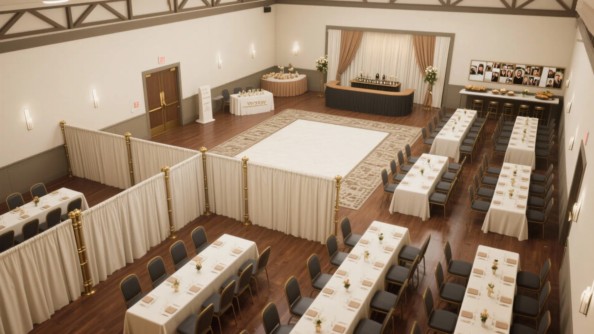 Large room layout showing long dining tables white curtains dance floor and bar for events