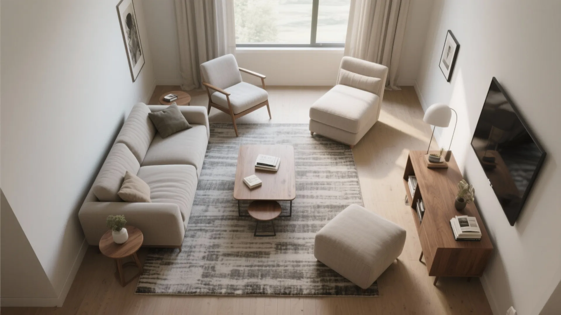 Modern bright living room with cream sofa wood coffee table patterned rug and neutral furniture layout