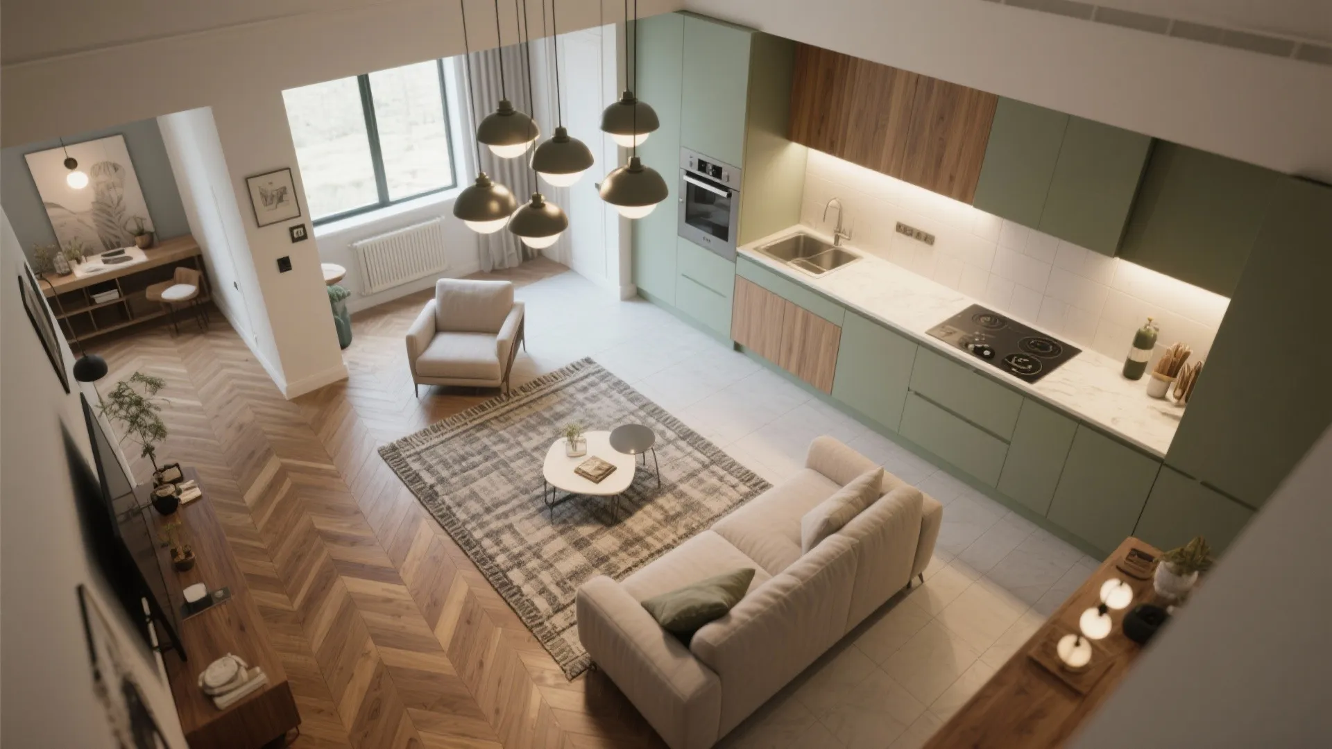 Floor and Ceiling Zoning (materials, rugs, and lights)