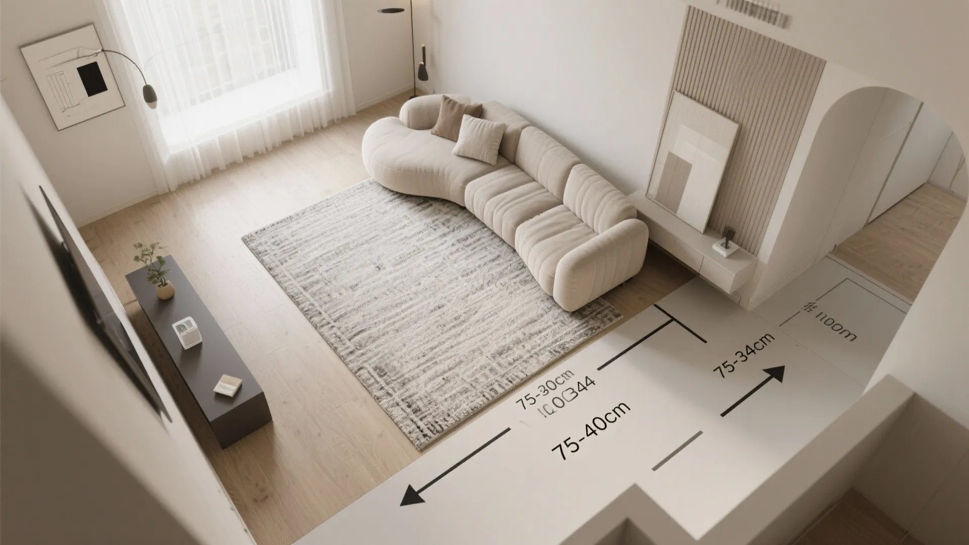5) Artful zoning with rugs and low partitions
