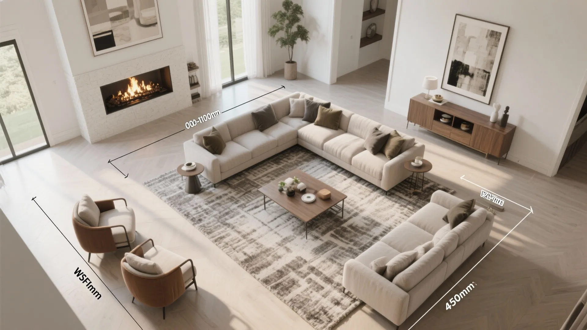 Interior design drawing showing living room furniture layout with sofas rug fireplace and clear measurements
