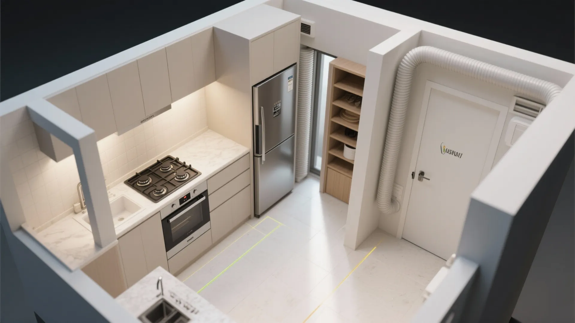 Top-down view of compact kitchen appliance zoning with ducted chimney route and clear circulation.