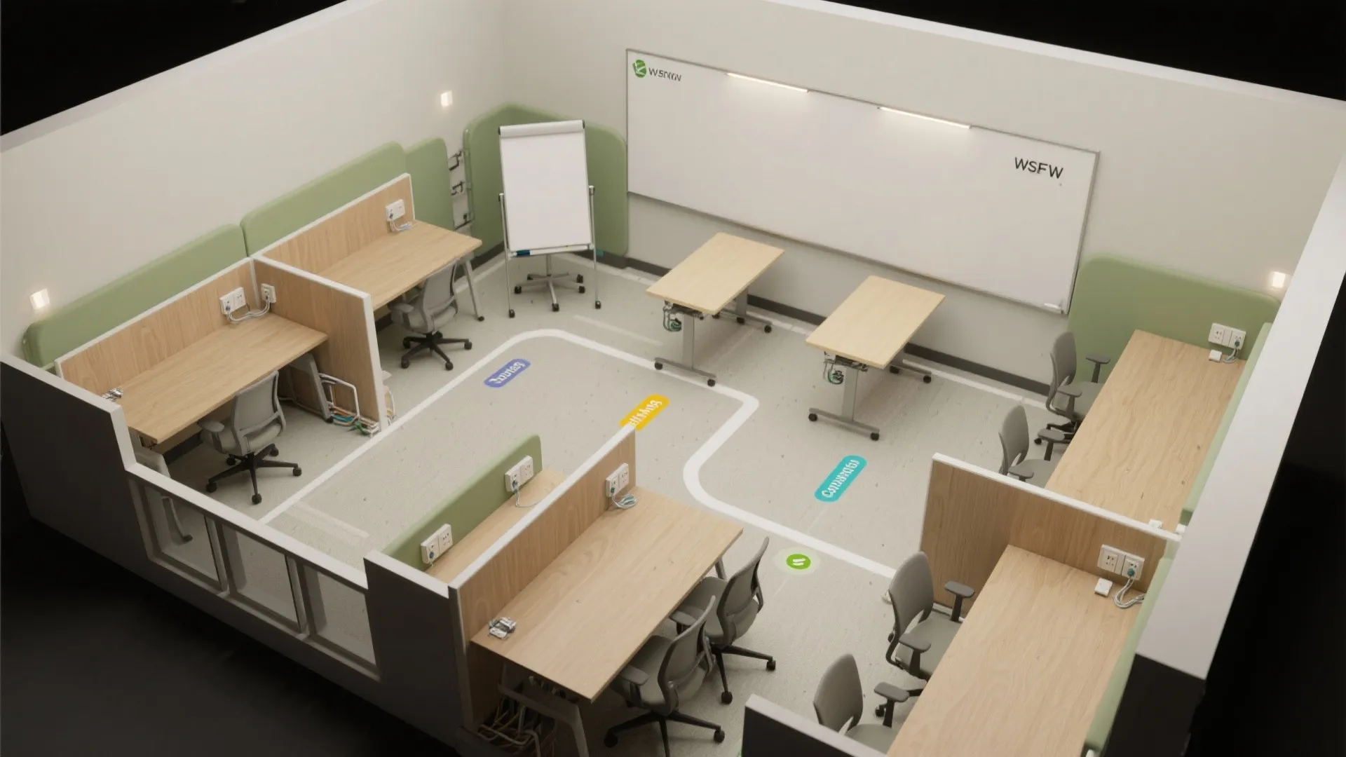 Office layout interior design drawing with wooden desks, grey chairs, whiteboard, and green wall panels
