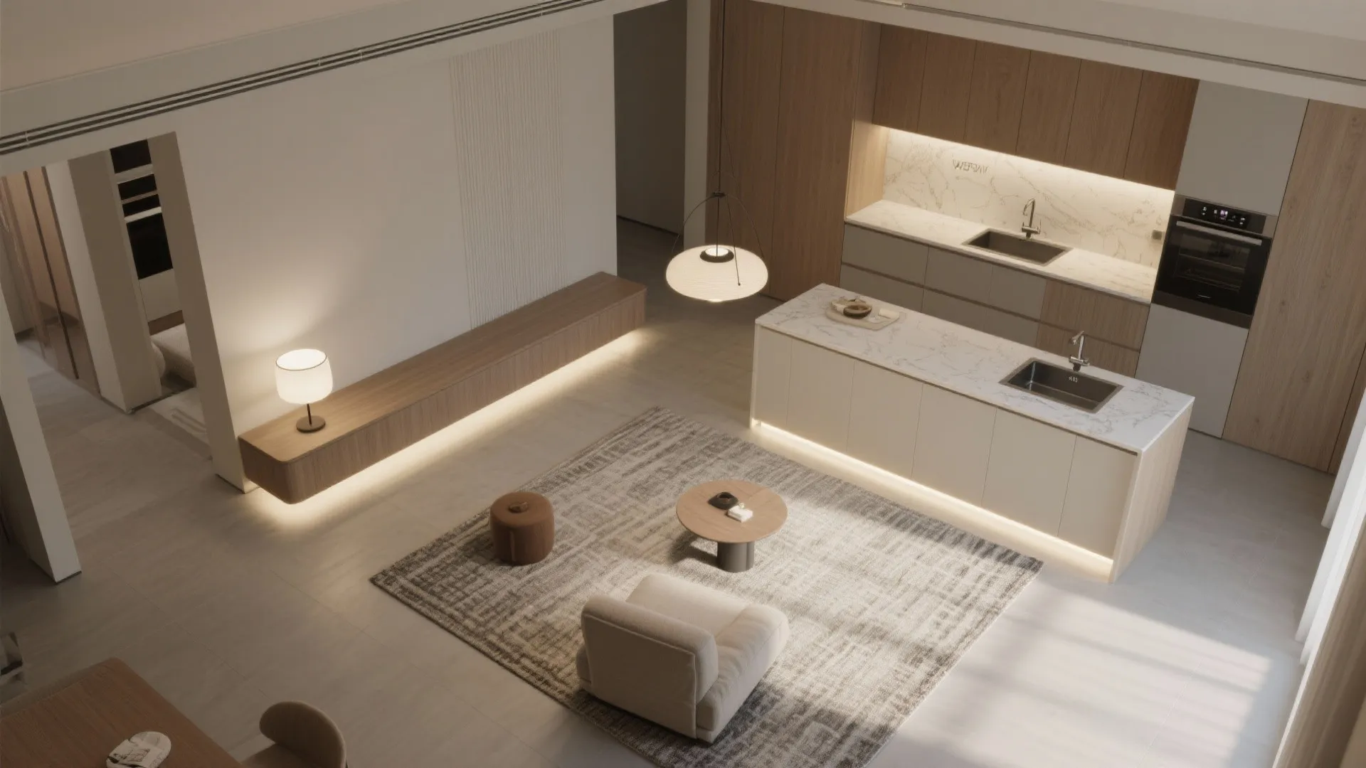 Soft zoning with rugs, lighting, and low partitions