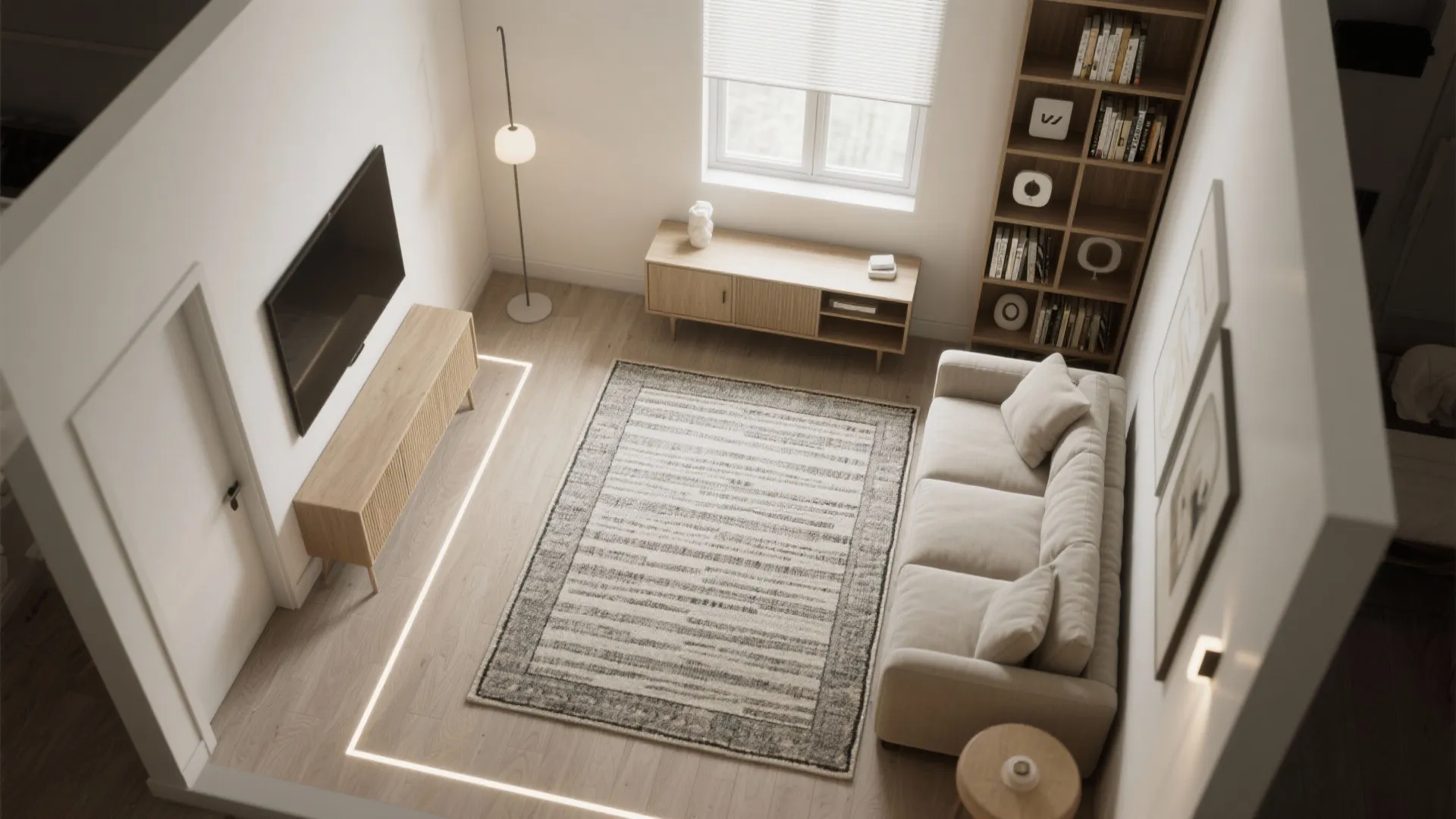Top-down small living room plan showing a large rug, clear pathways, console, and open shelf divider.