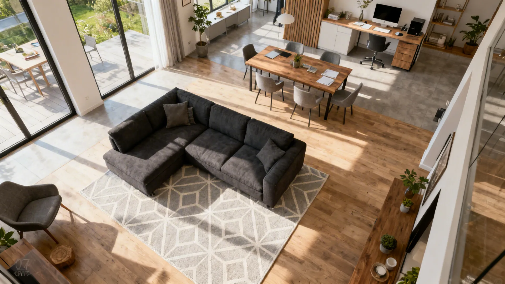 Top-down view of a small open-plan living area with a dark grey couch anchored by a light geometric rug
