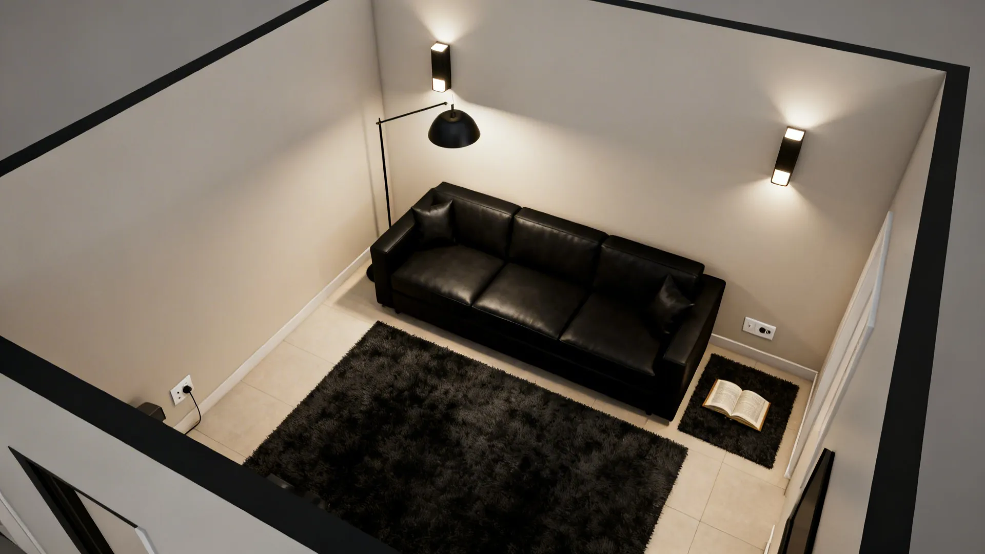 Top-down layout showing zones created by rugs and layered lighting around black furniture