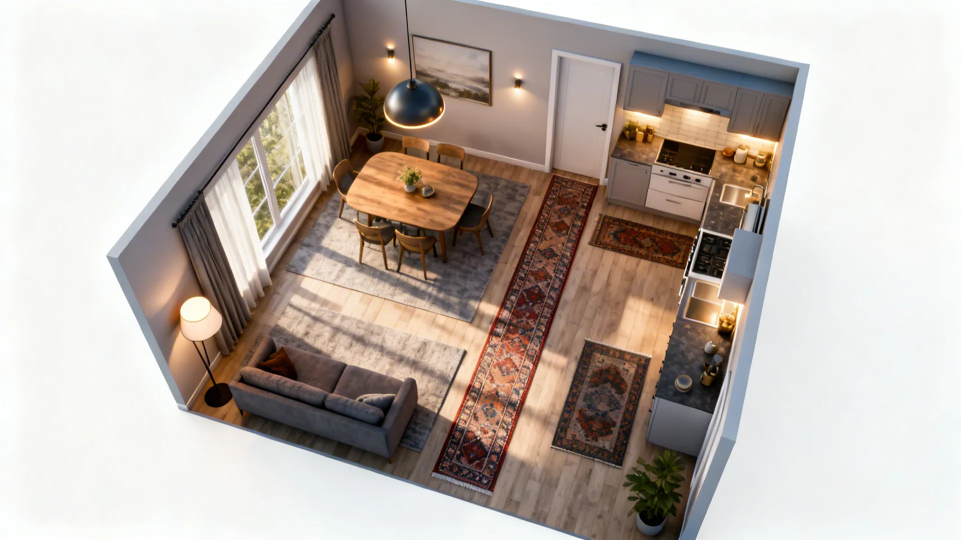 Top-down layout of an open-plan showing rugs, lighting and clearances to define zones
