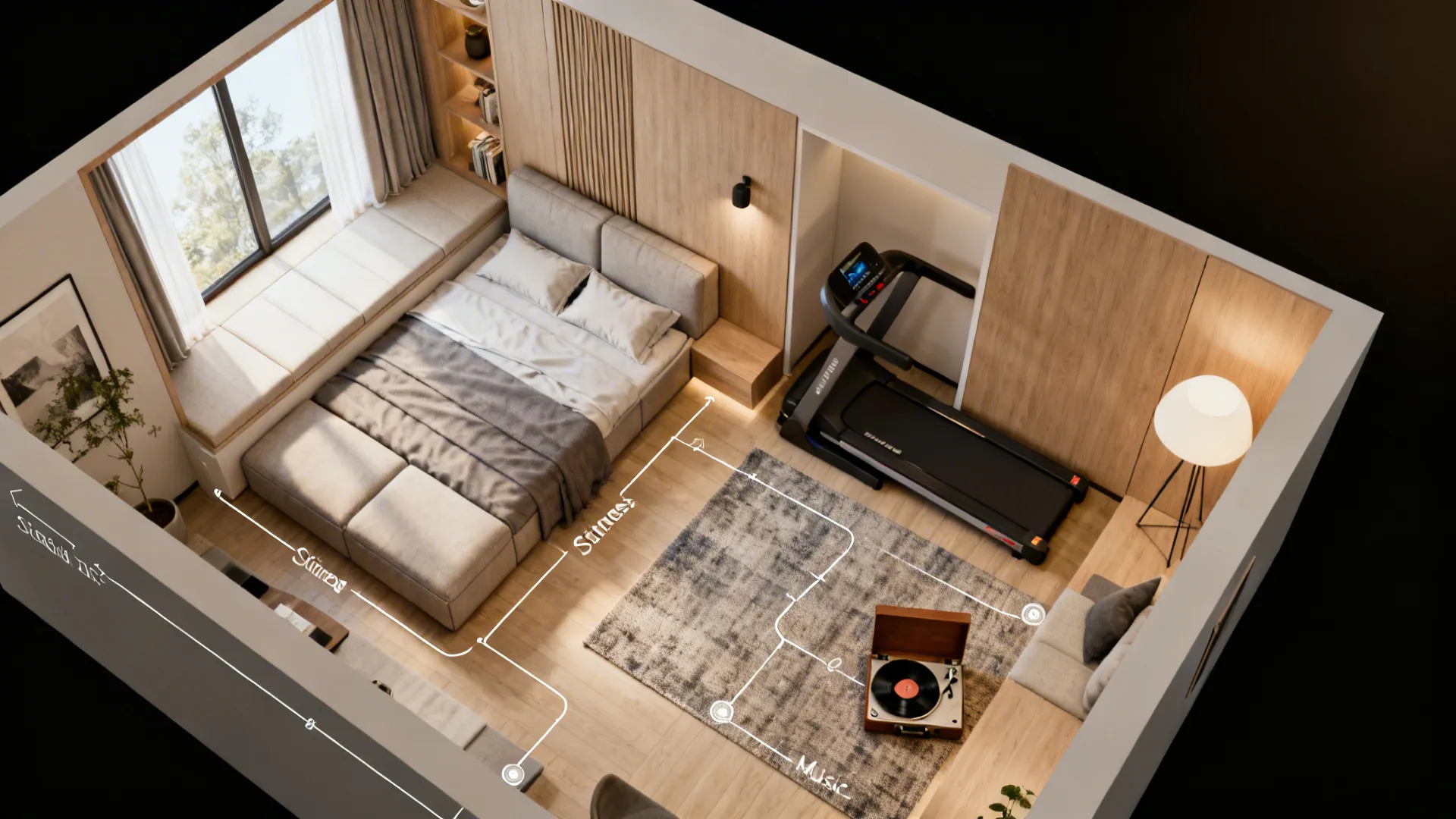Top-down virtual staging layout showing zoning for bed, treadmill and music corner in a small studio.