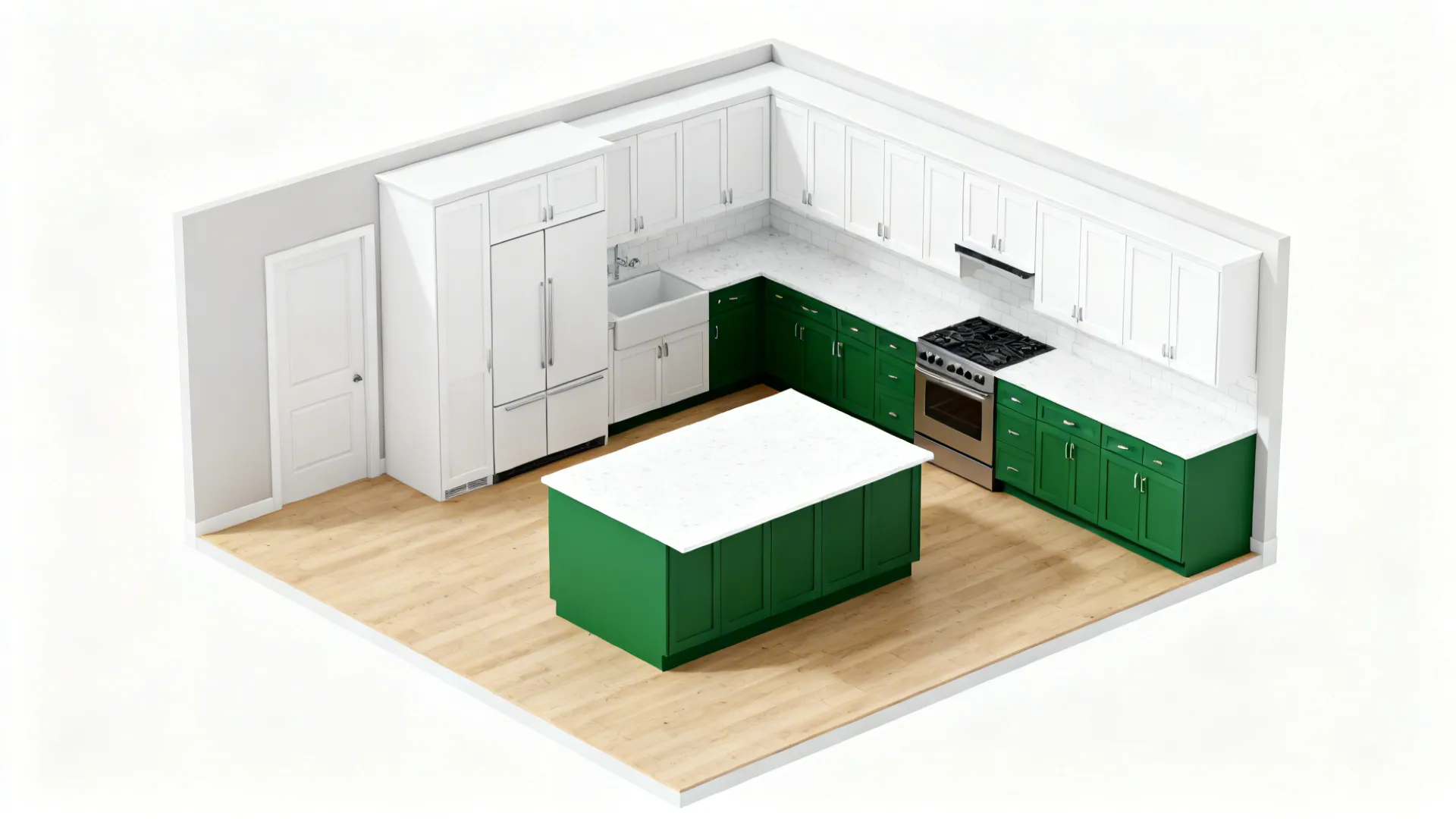 Interior design drawing of a kitchen layout with green island white cabinets and wood floor