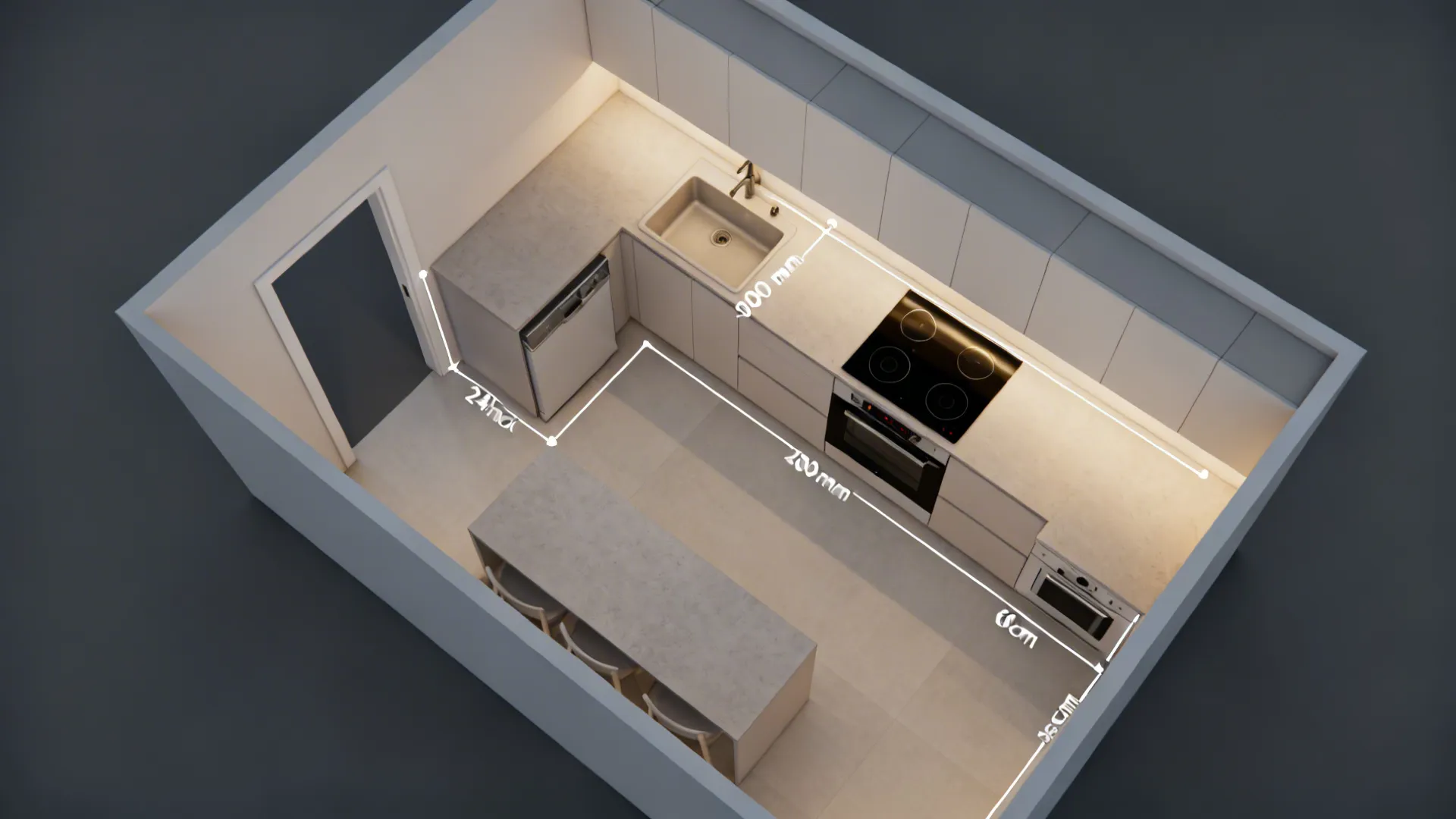 Top-down compact kitchen plan highlighting prep, cook, and serve zones with compact appliances.