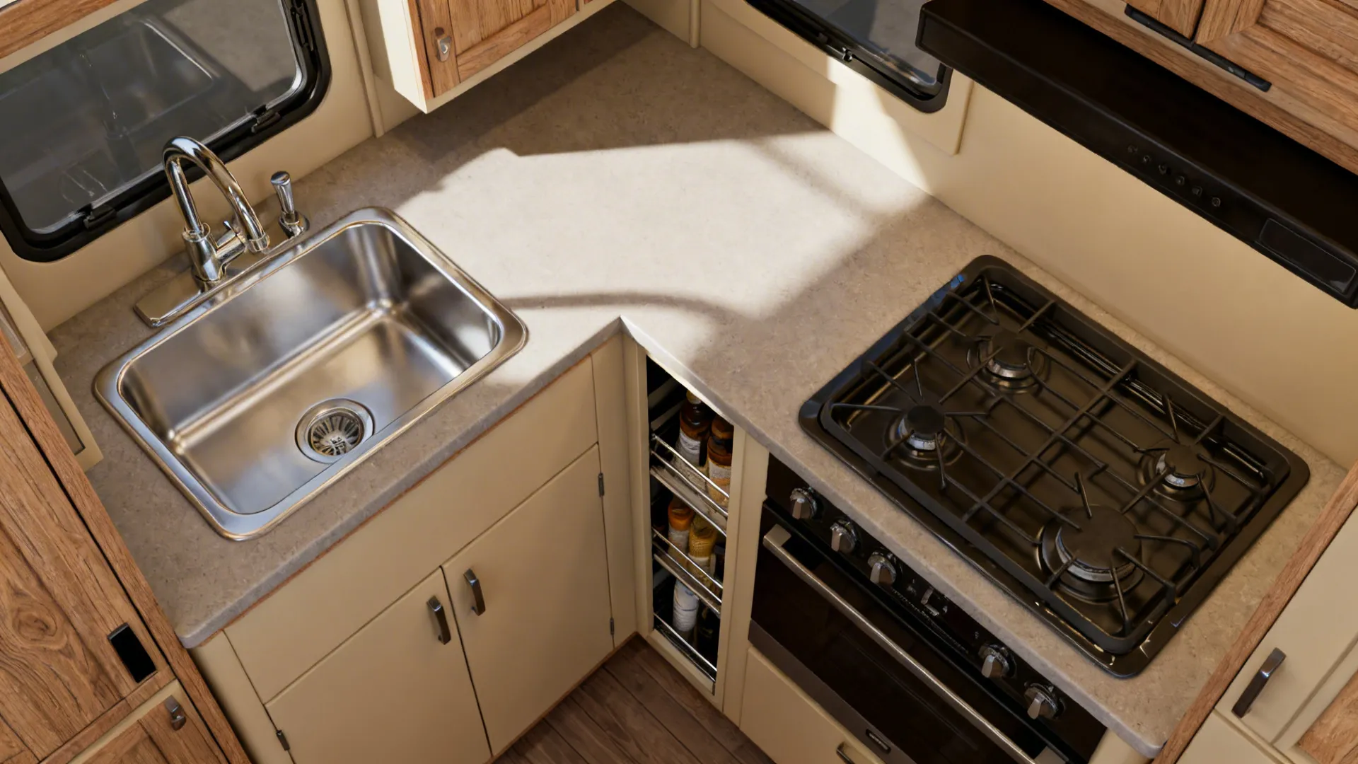 Top-down galley kitchen with separated sink and cooktop and a slim pull-out pantry.