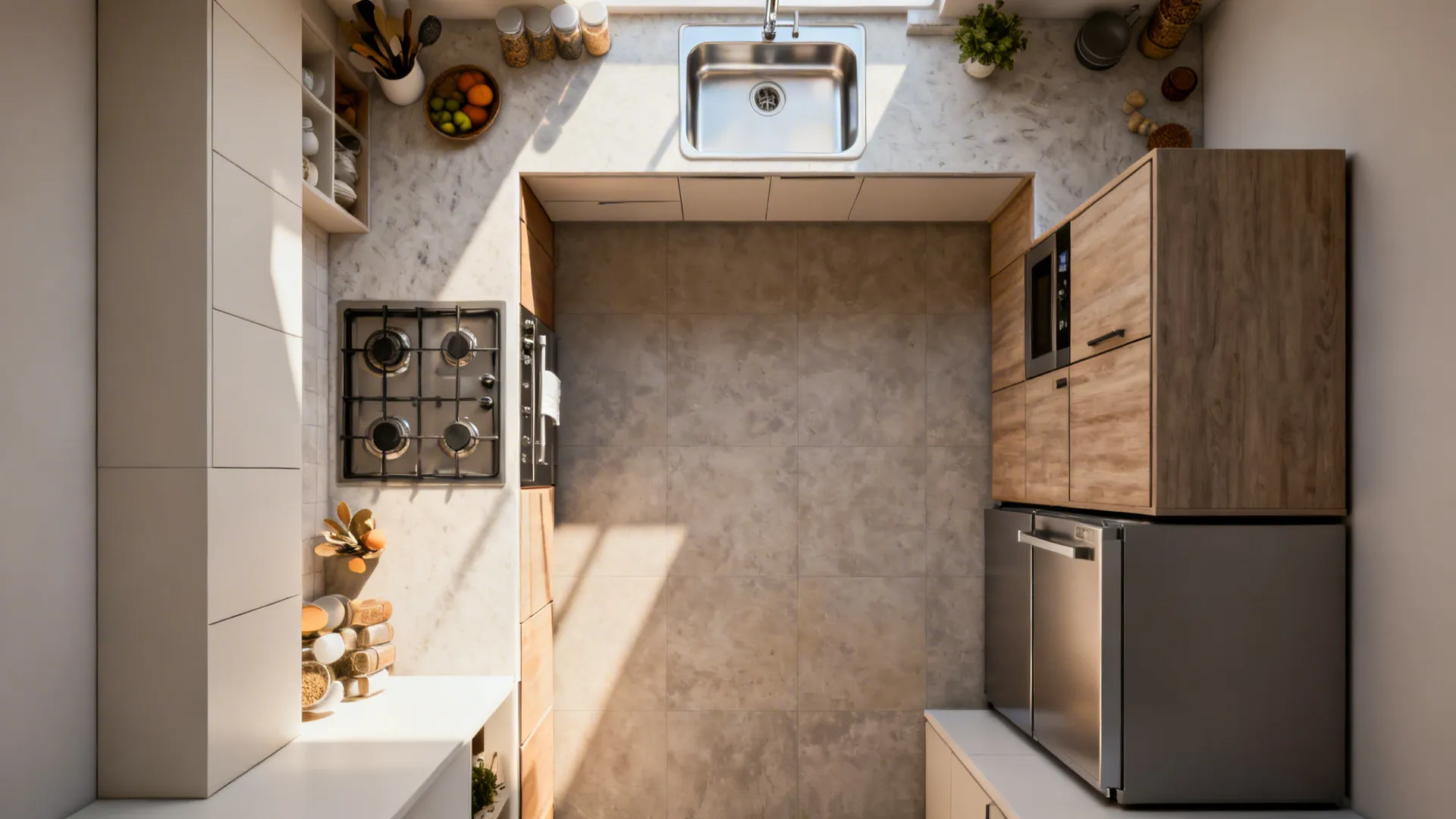 Top-down plan of a small galley kitchen with hob southeast, sink north, and storage mass southwest for Vastu zoning.