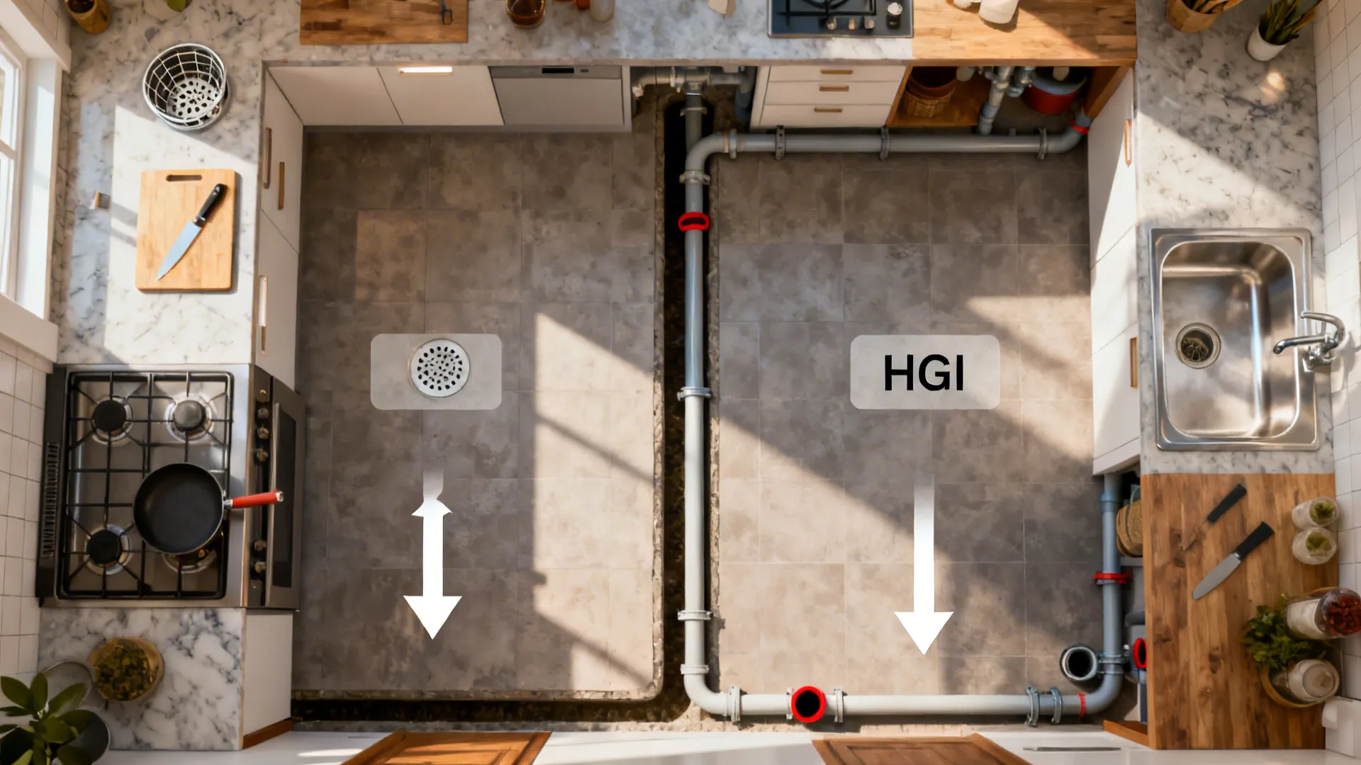 Top-down view illustrating prep, cook, and dish drainage zones with point drain, channel, and floor sink.