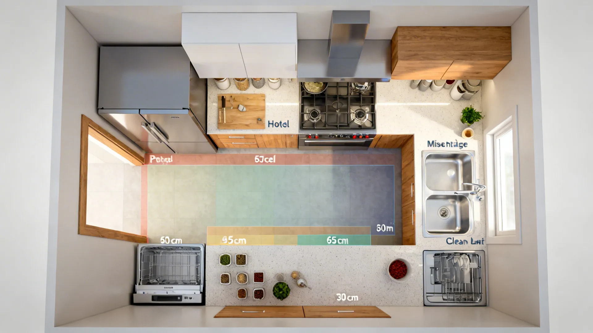 Top-down view showing prep, cook, and clean zones in a compact L-shaped kitchen.
