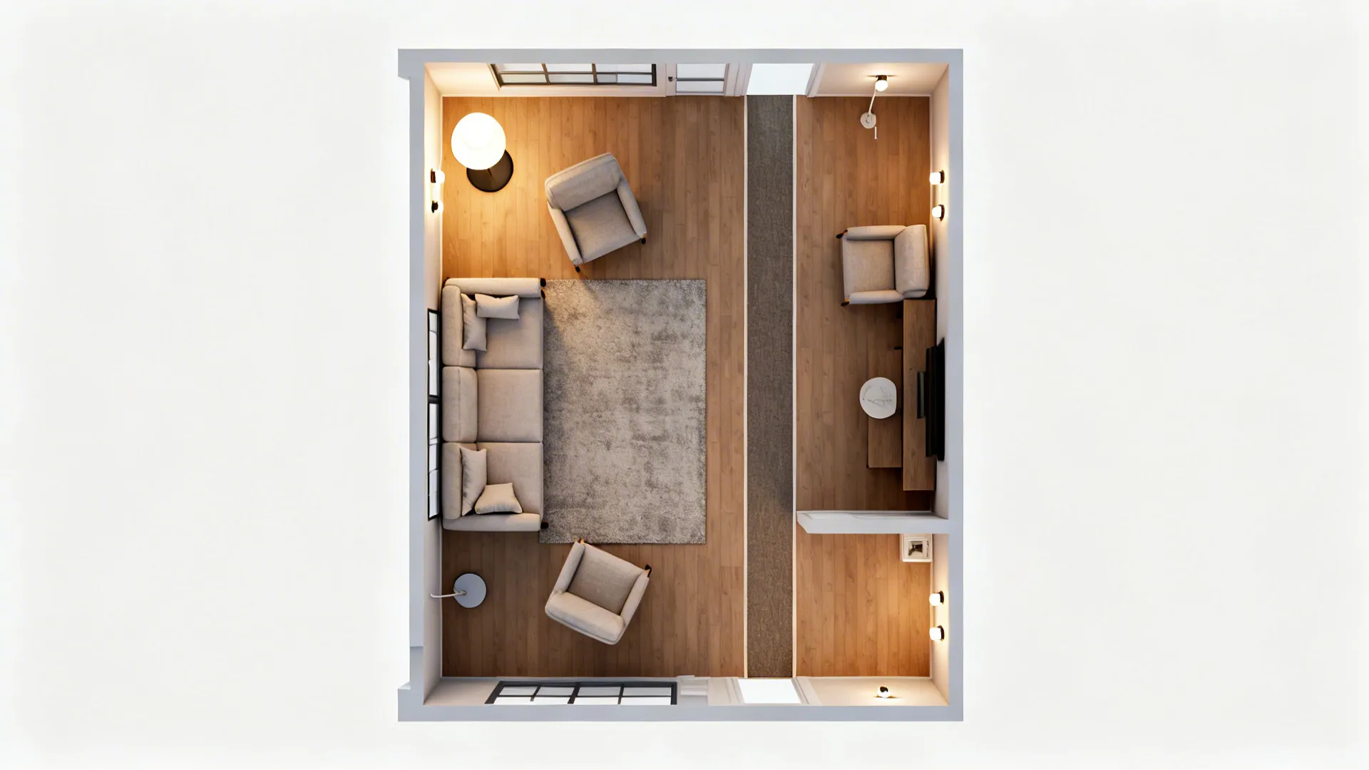 Top-down view of rug placement and lighting zones in a small living room.