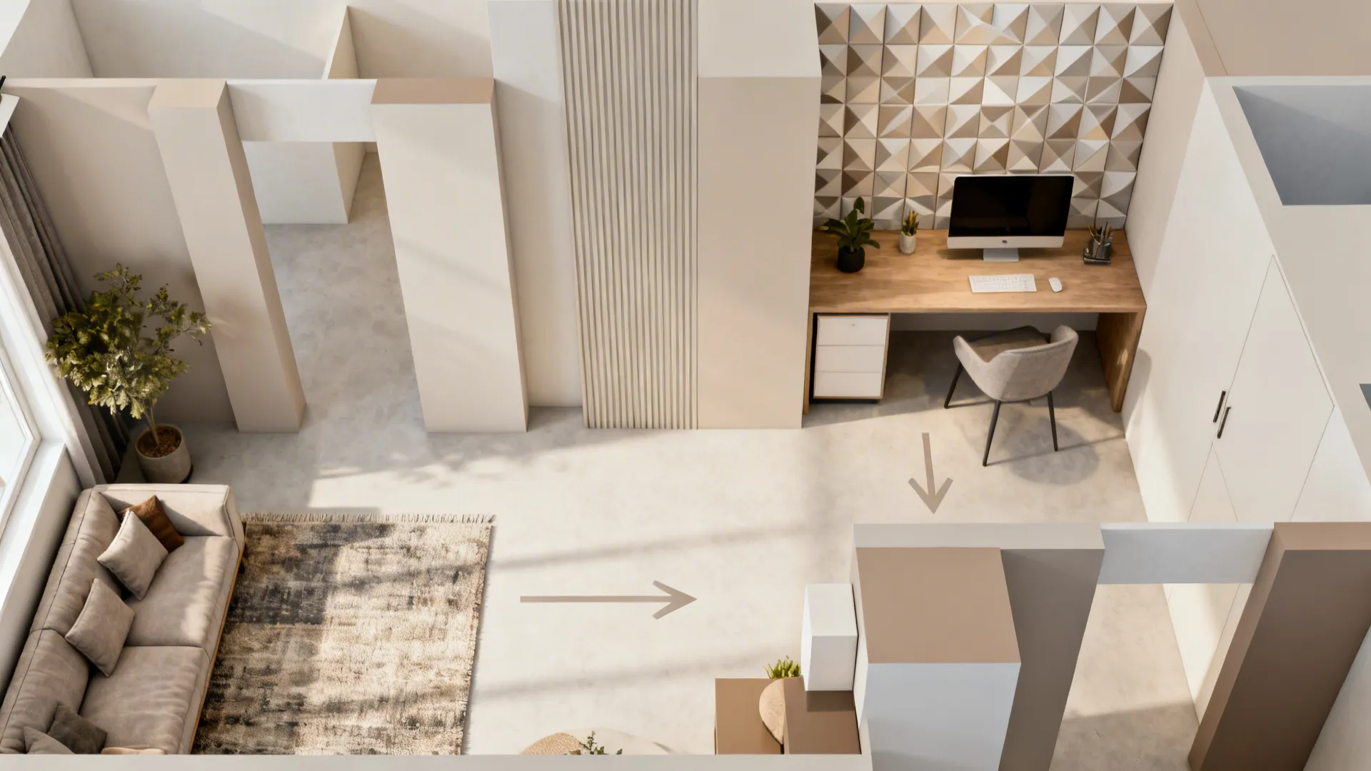 Top-down view showing lounge and desk zones with geometric PVC backdrop.
