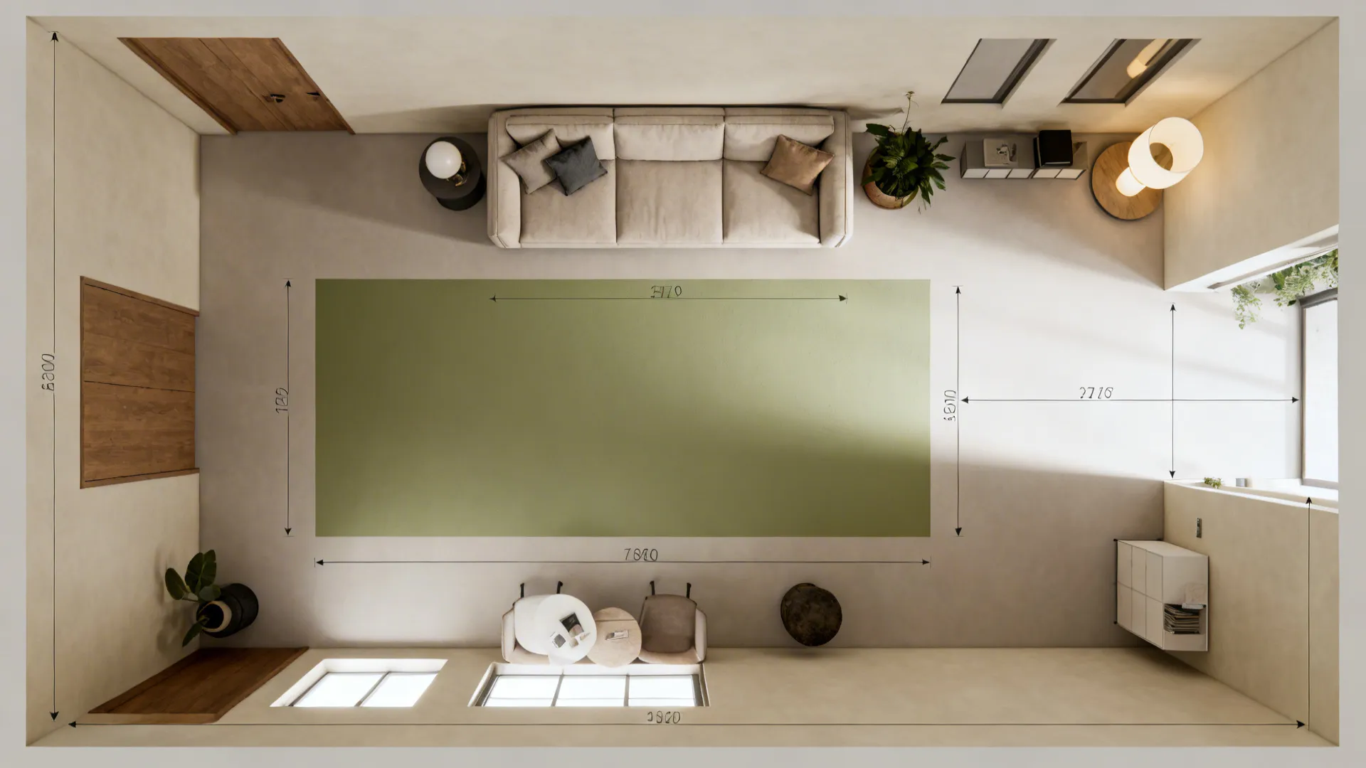 Top down interior design drawing showing room layout with sofa furniture and green floor area