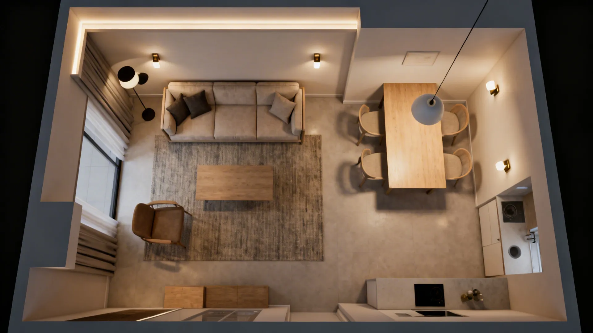 Zoning with Rugs, Ceiling Lines, and Lighting Layers