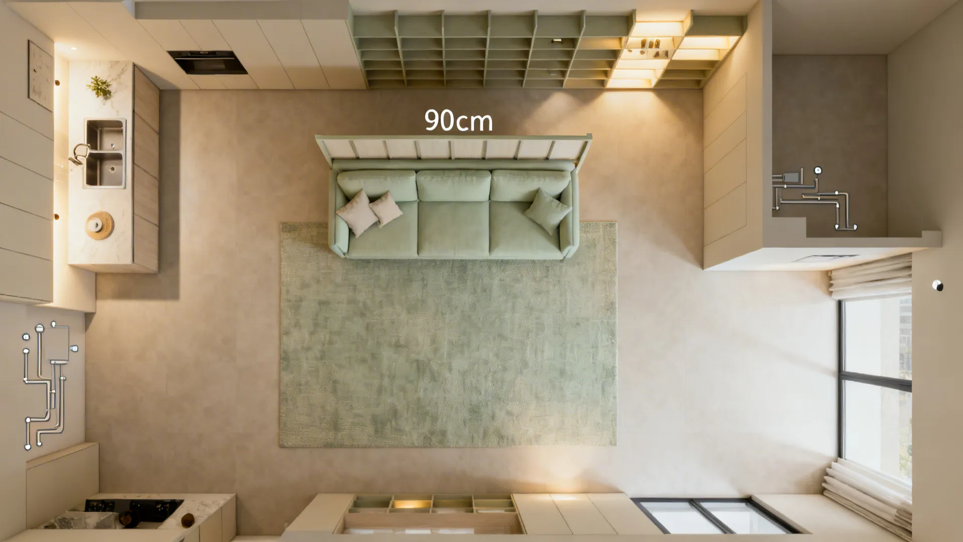 Top-down studio plan showing rug boundaries, a low shelf divider, and layered lighting zones.