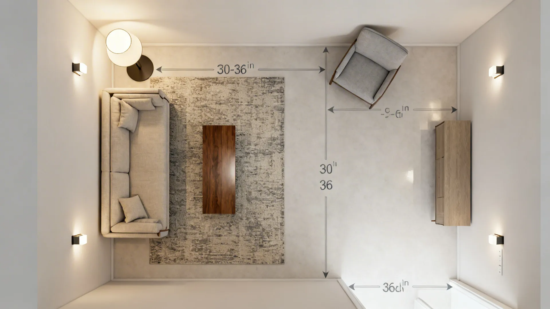 Top-down view of a tiny living room layout showing rug zone and clear circulation paths.
