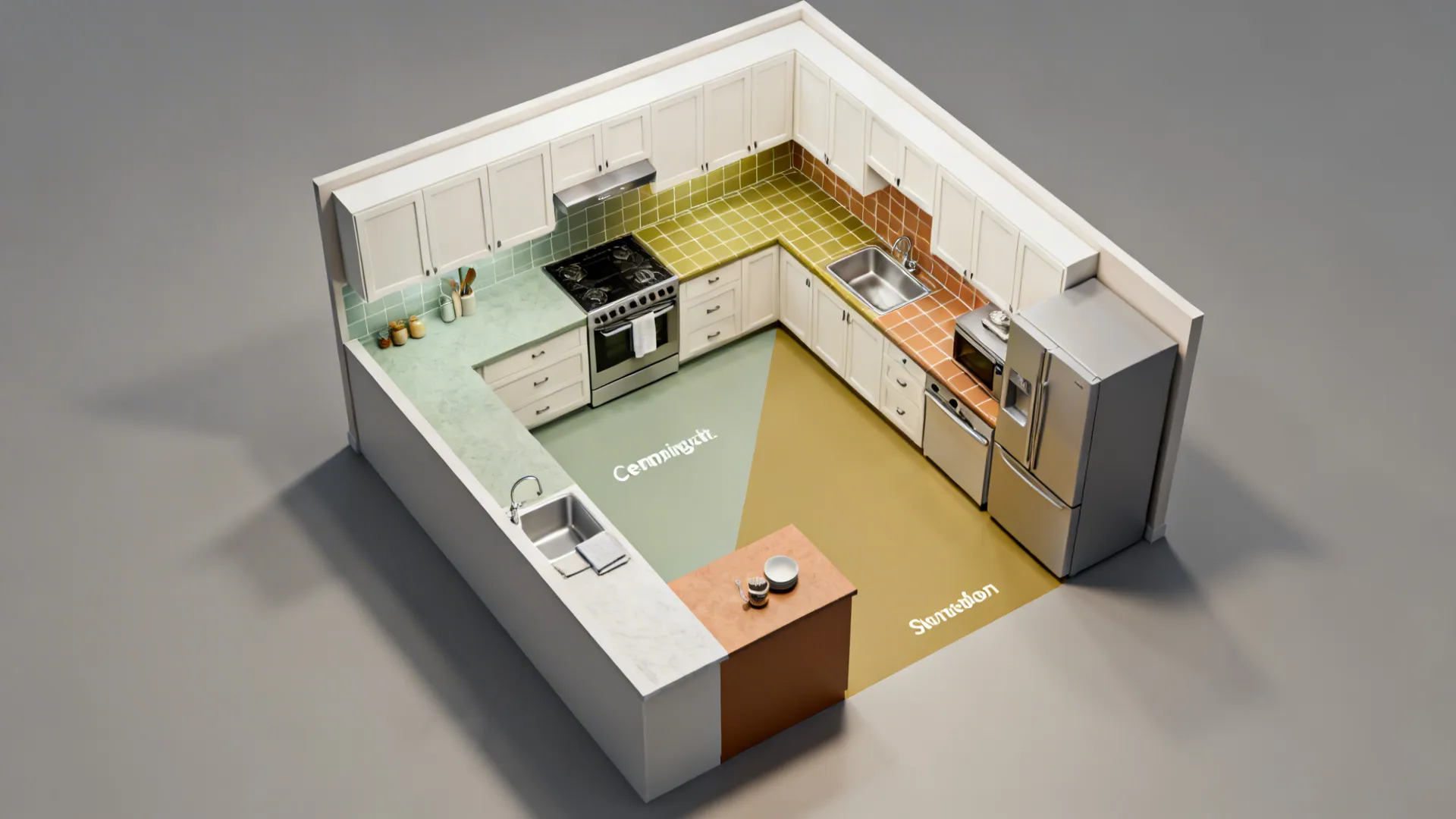 Top-down view of an L-shaped kitchen with calm green prep zone and warm cook zone color blocks.