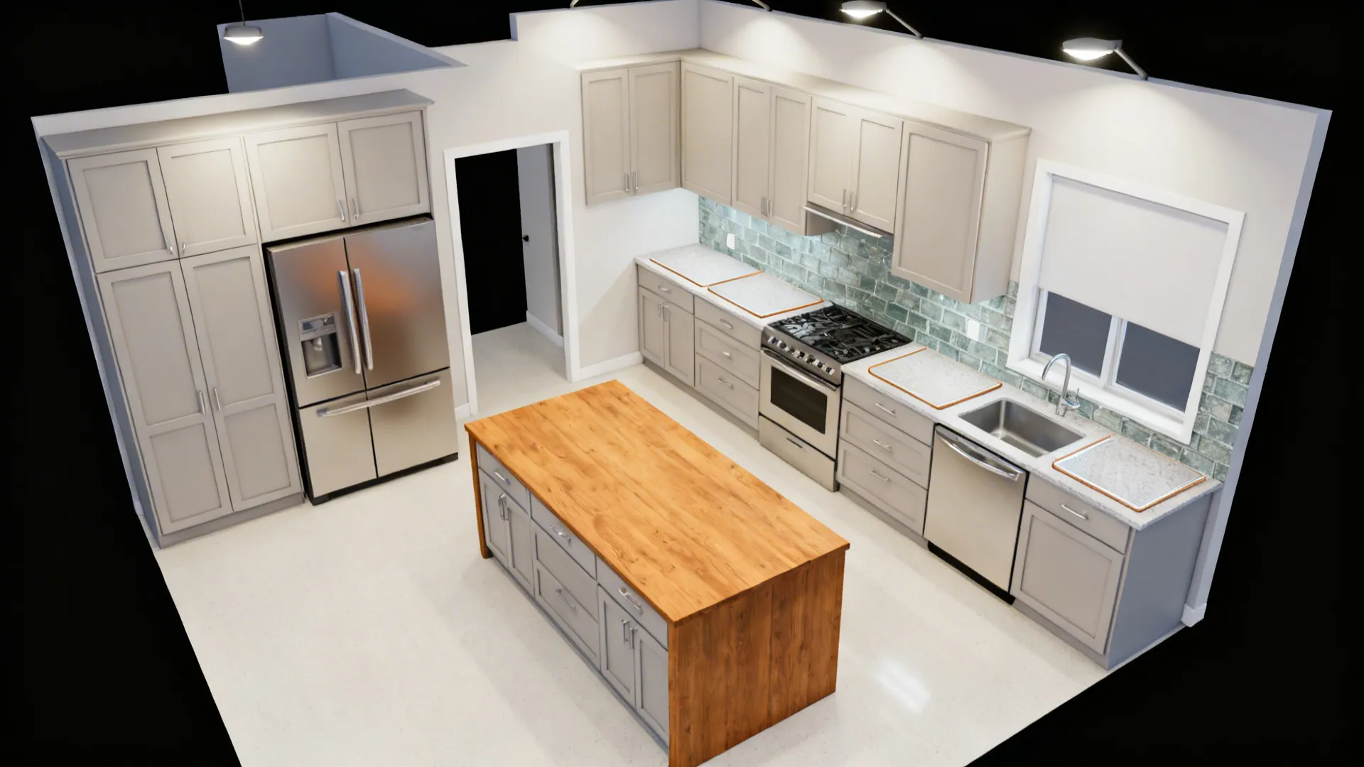 Top-down view of single-wall kitchen zoning with pantry, fridge, prep, cooktop, and cleanup.