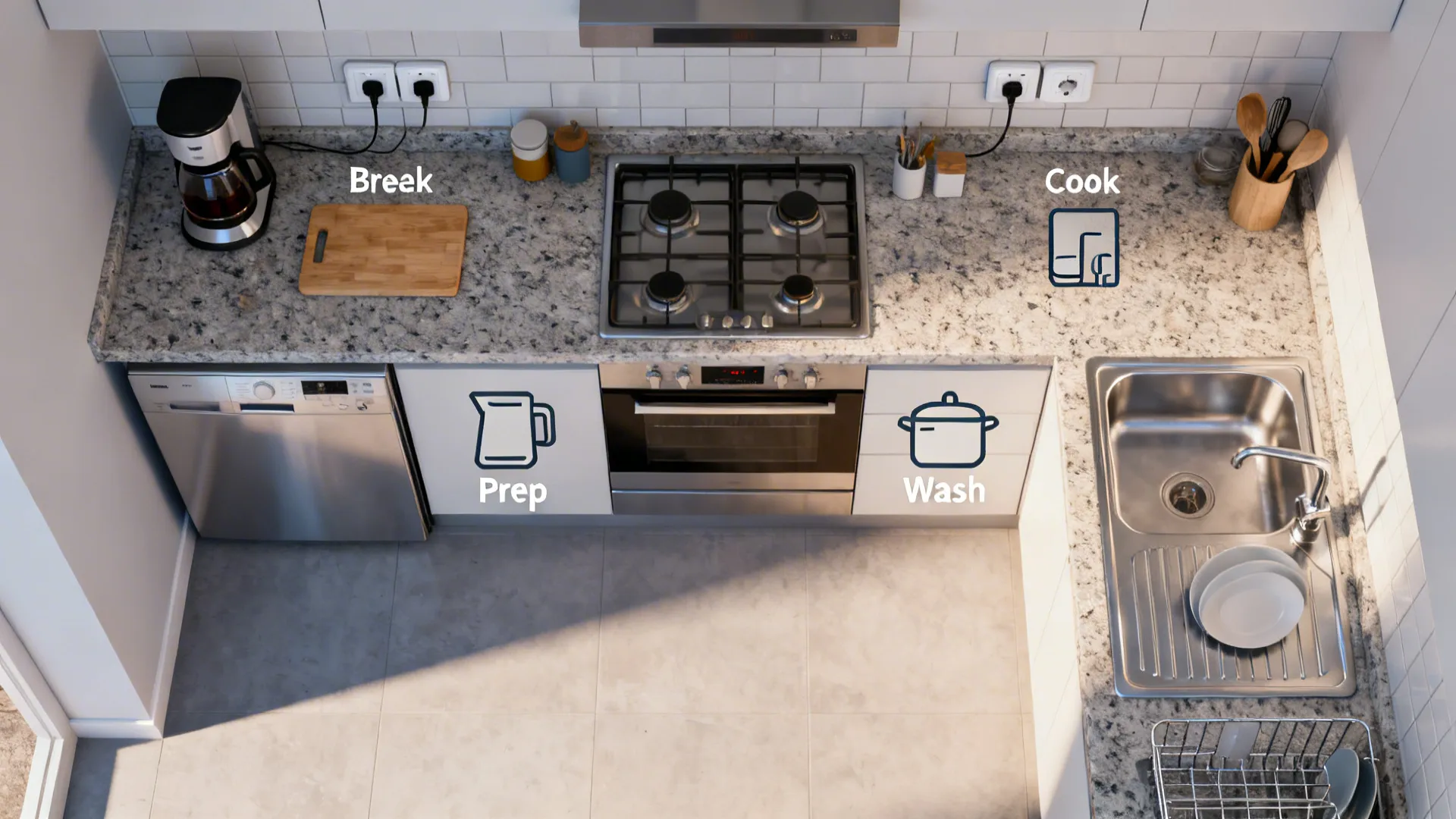 Top-down view of brew, prep, cook, and wash zones with well-placed sockets.