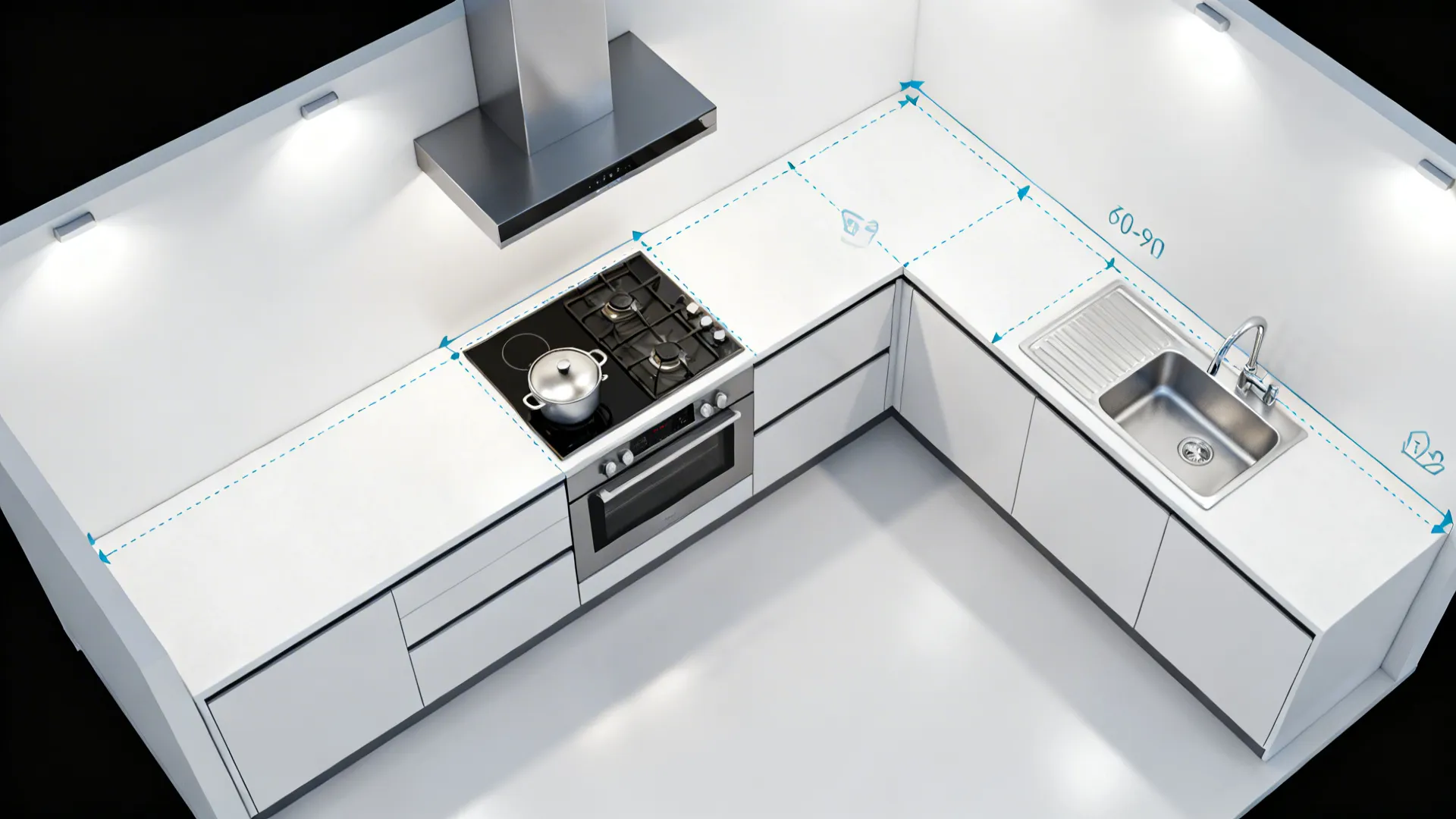 Top-down layout showing hob on the long leg, sink on the return, and clear counter buffer.