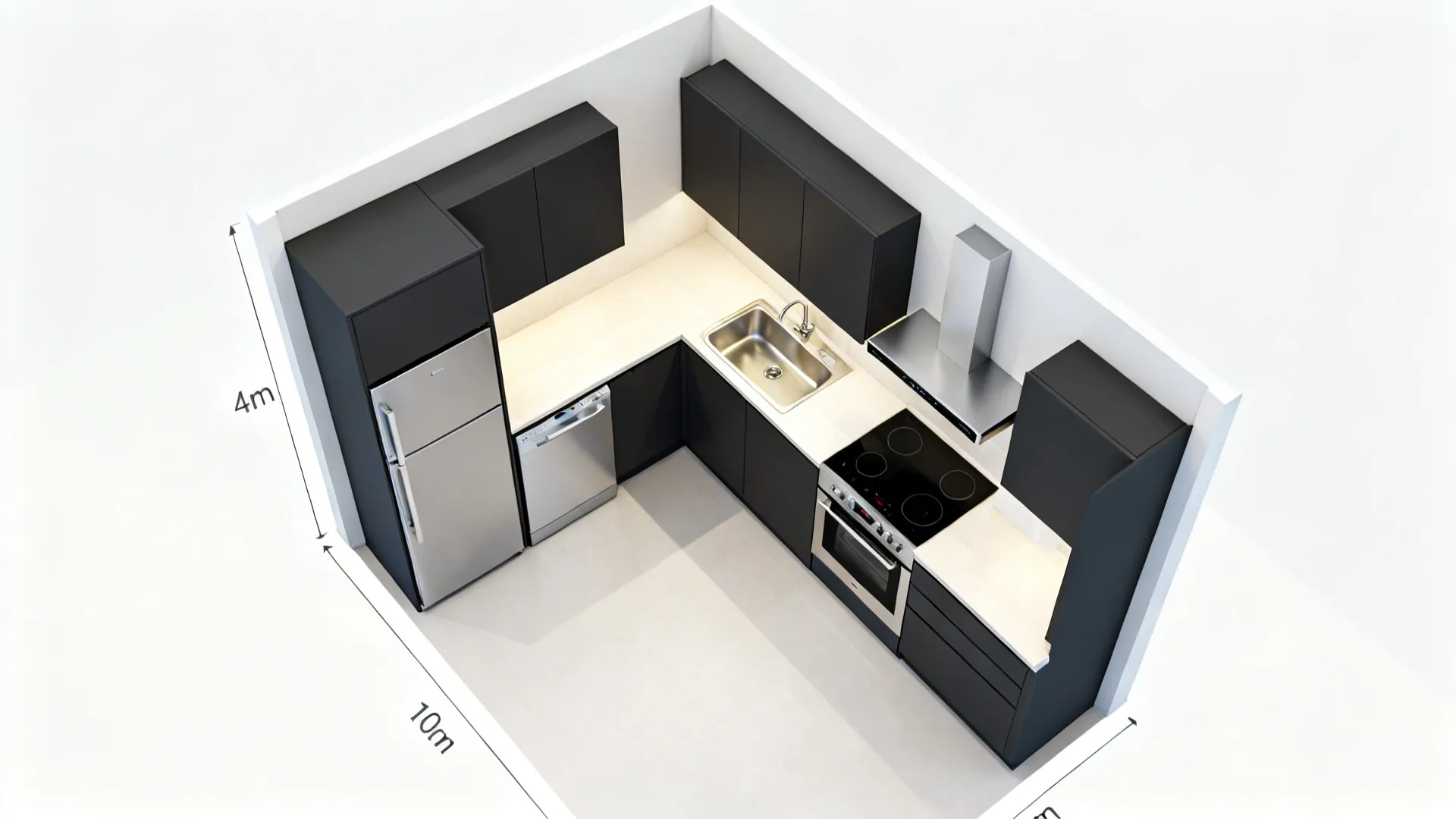 Top-down appliance zoning plan for a 4x3 kitchen with clear aisles