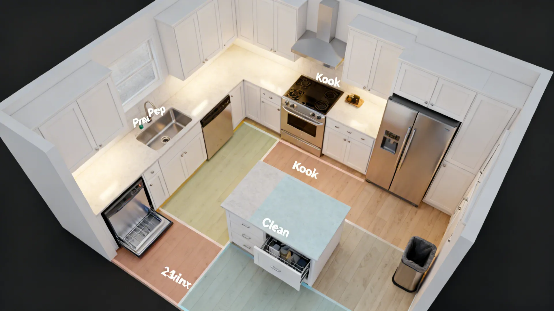 Top-down small kitchen plan showing prep, cook, clean, and serve zones with clear aisles.
