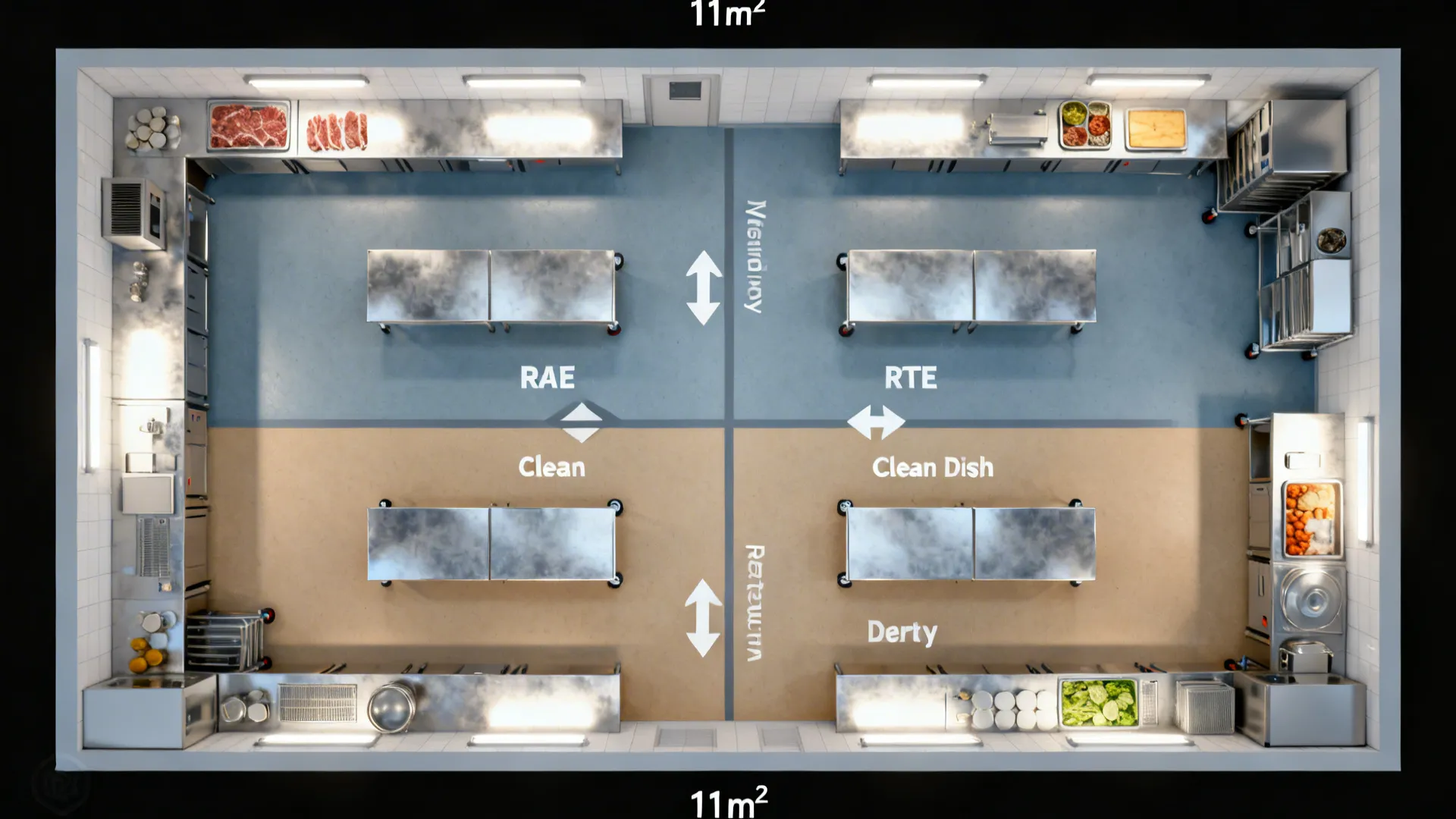 Top-down plan showing raw, RTE, clean, and dirty zones in a compact kitchen.