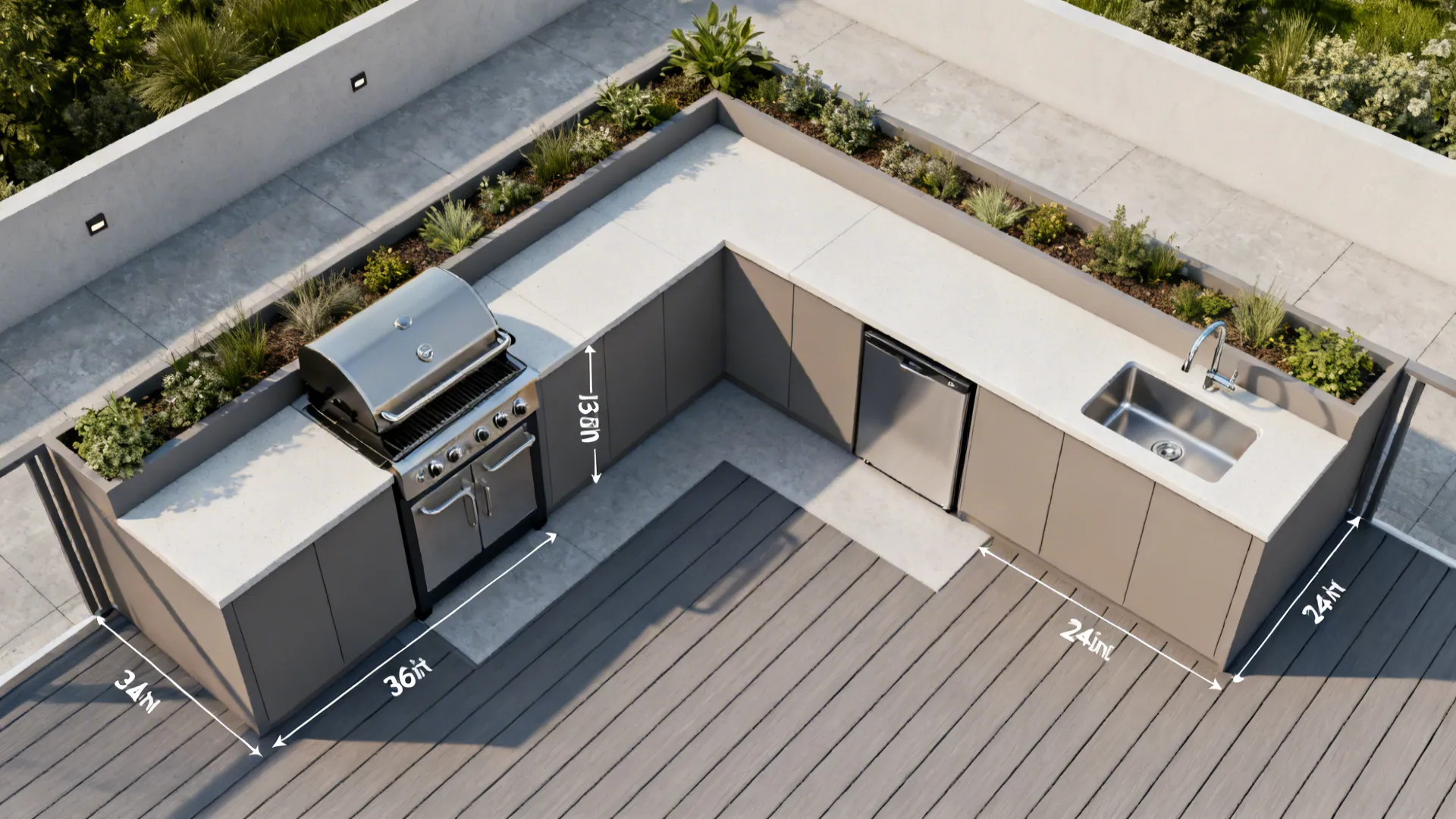 Top-down view of grill, sink, and fridge zones with safe clearances and walkways on a small deck.