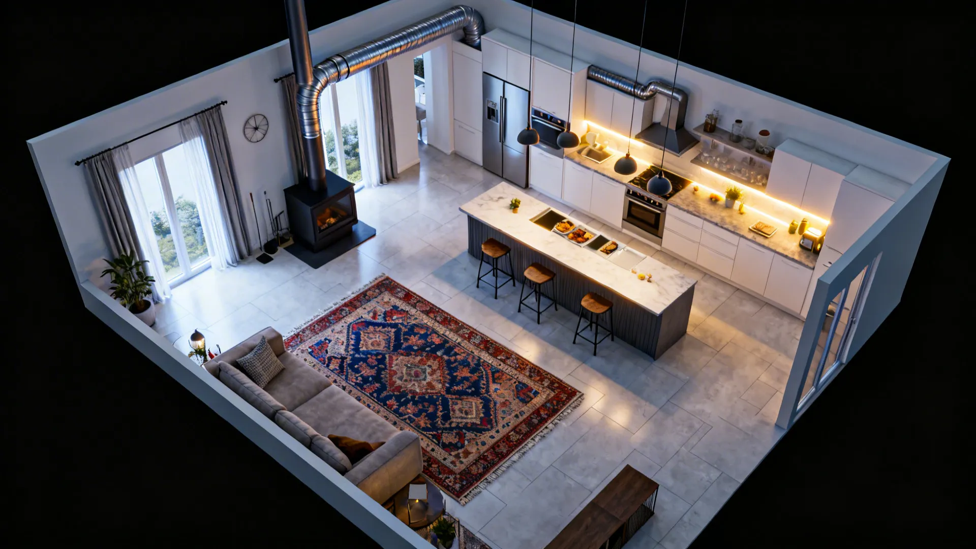 Top-down view showing kitchen-living zoning, lighting layers, and chimney ducting path.
