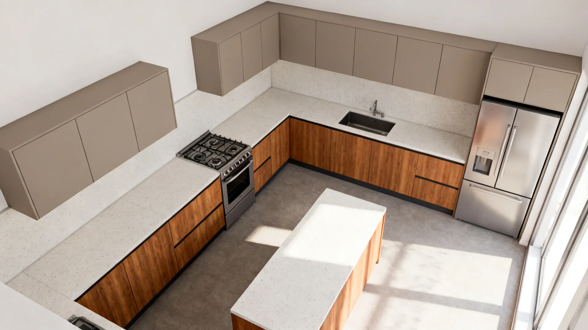 Top-down galley kitchen showing Vastu zoning with southeast cooking, southwest fridge, and east prep