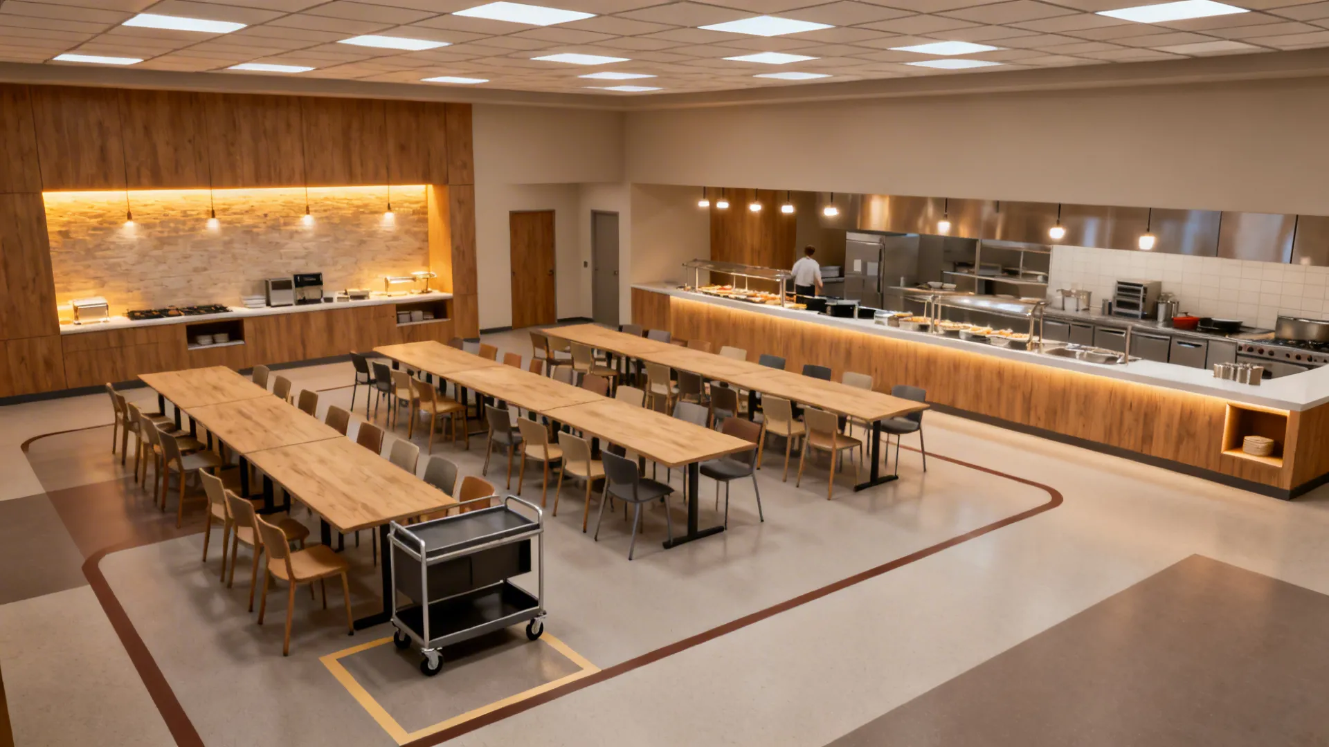 Flexible Dining Hall Zoning with Lighting and Mobile Stations