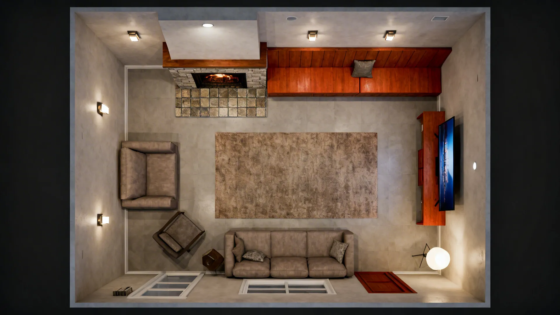 Top-down layout showing materials and layered lighting zoning between fireplace and TV areas.