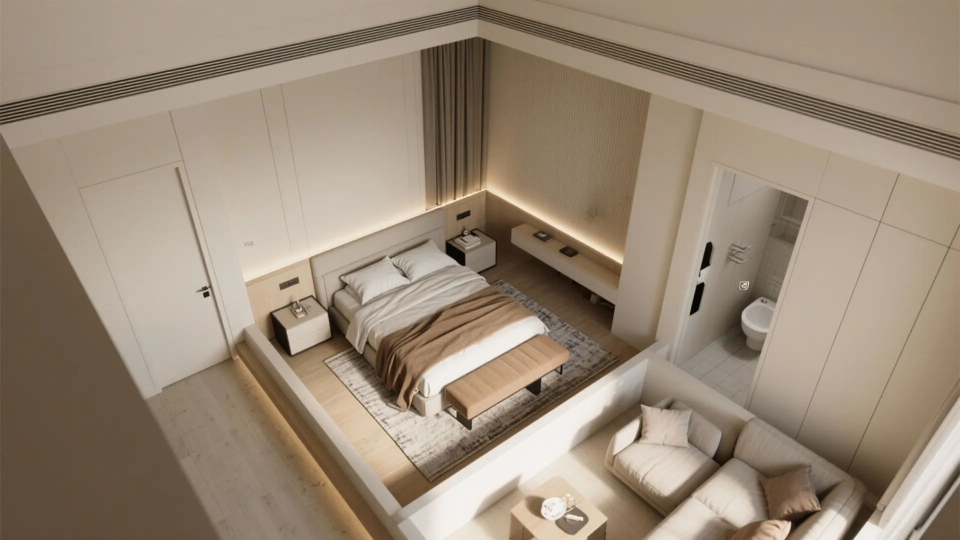 Modern interior design drawing showing bedroom with bed sofa and bathroom in a small apartment
