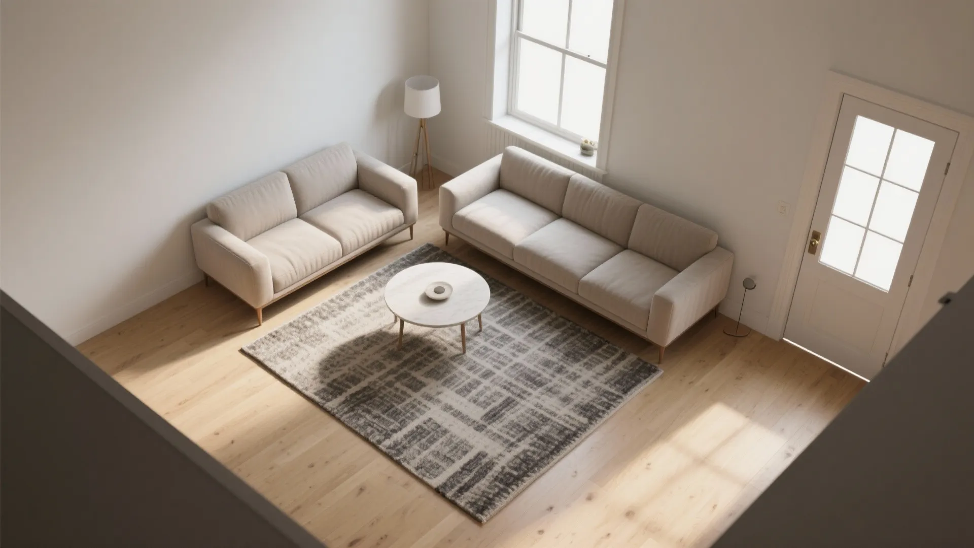 Top view of living room interior design drawing with two sofas rug and coffee table