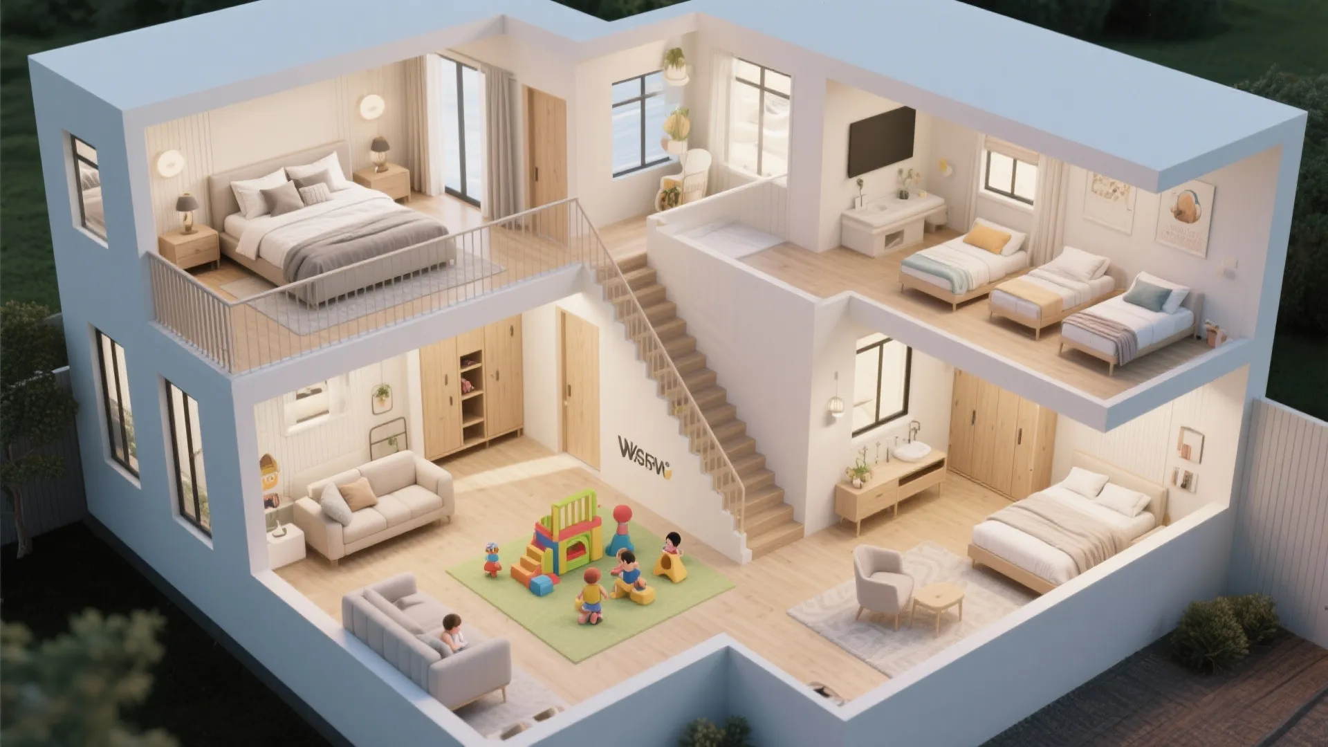 Top-down two-storey plan showing separated parents, kids, and guest zones with a private balcony.